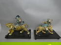Pair Antique Chinese Art Pottery Roof Tile Warrior on Tiger & on Foo Dog