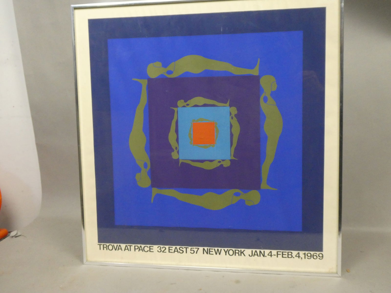 1969 Ernest Trova at Pace Exhibition Art Poster: 1969 Ernest Trova at Pace Exhibition Art Poster framed under glass. Measurements in inches: 26 1/2 square Condition:Small stain lower right corner and some wrinkling near lower edge Shipping:We offer