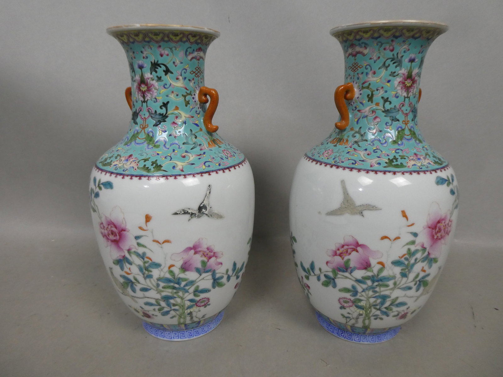 Pair Antique Chinese Famille Rose & Turquoise Porcelain Vases: Pair Antique Chinese Famille Rose & Turquoise Porcelain Vases. Measurements in inches: 12 high x 6 1/2 diameter Condition:Both have holes drilled for lamps Shipping:We offer in-house shipping. Item(s)