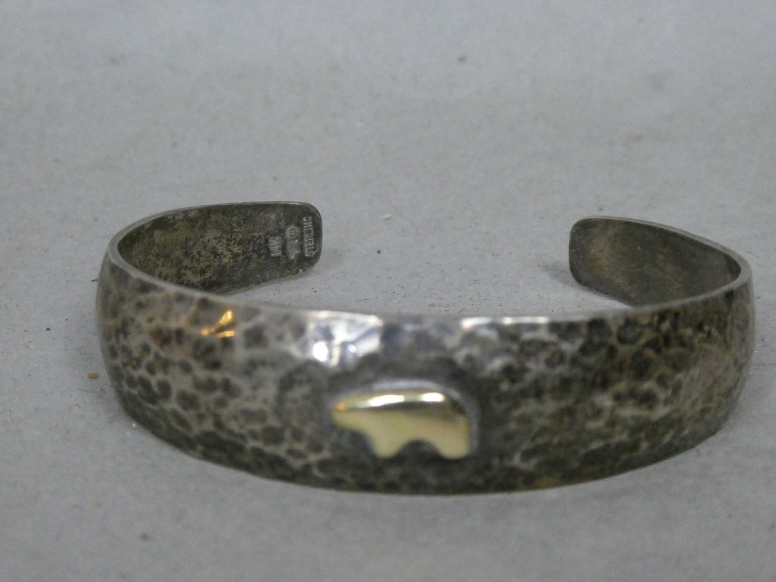 Vintage Hammered Sterling Silver & 14k Gold Polar Bear Cuff Bracelet (1 of 7)