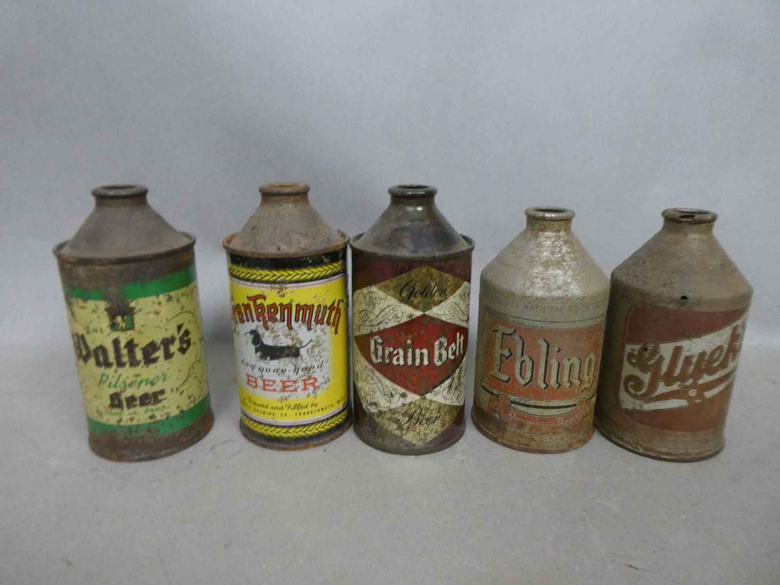 Lot 5 Cone Top Beer Cans Gluek's Ebling Grain Belt Frankenmuth Walters: Lot 5 Cone Top Beer Cans Gluek's, Ebling, Grain Belt, Frankenmuth and Walters. Condition:As found sold as is Shipping:We offer in-house shipping. Item(s) will be packed after invoice is paid and shipp