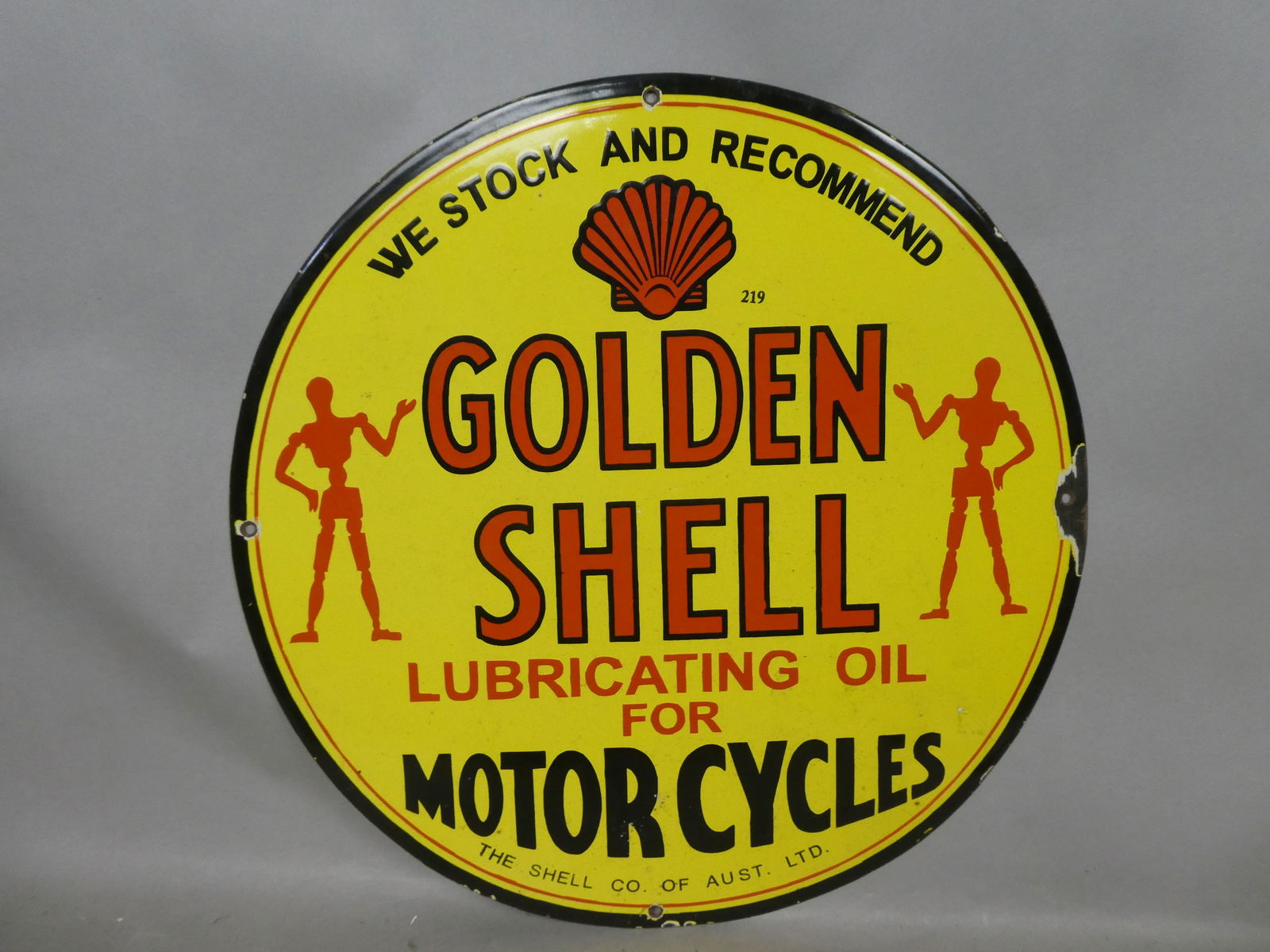 Golden Shell Lubricating Oil for Motorcycles Porcelain 19" Sign Pump Plate (1 of 9)