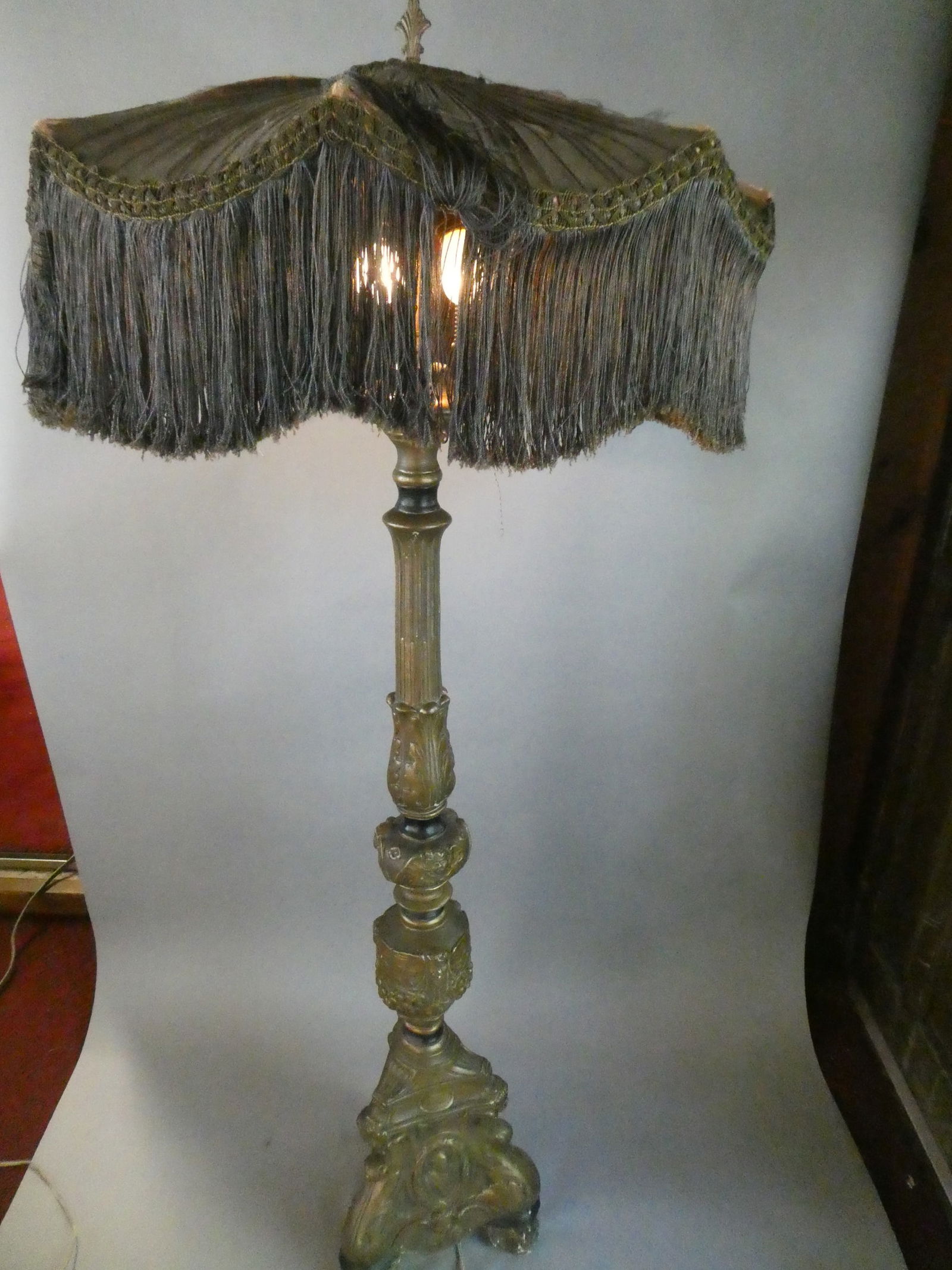 c1920's Regency Wood & Gesso Tri-Base Floor lamp w/ Silk Shade (1 of 12)