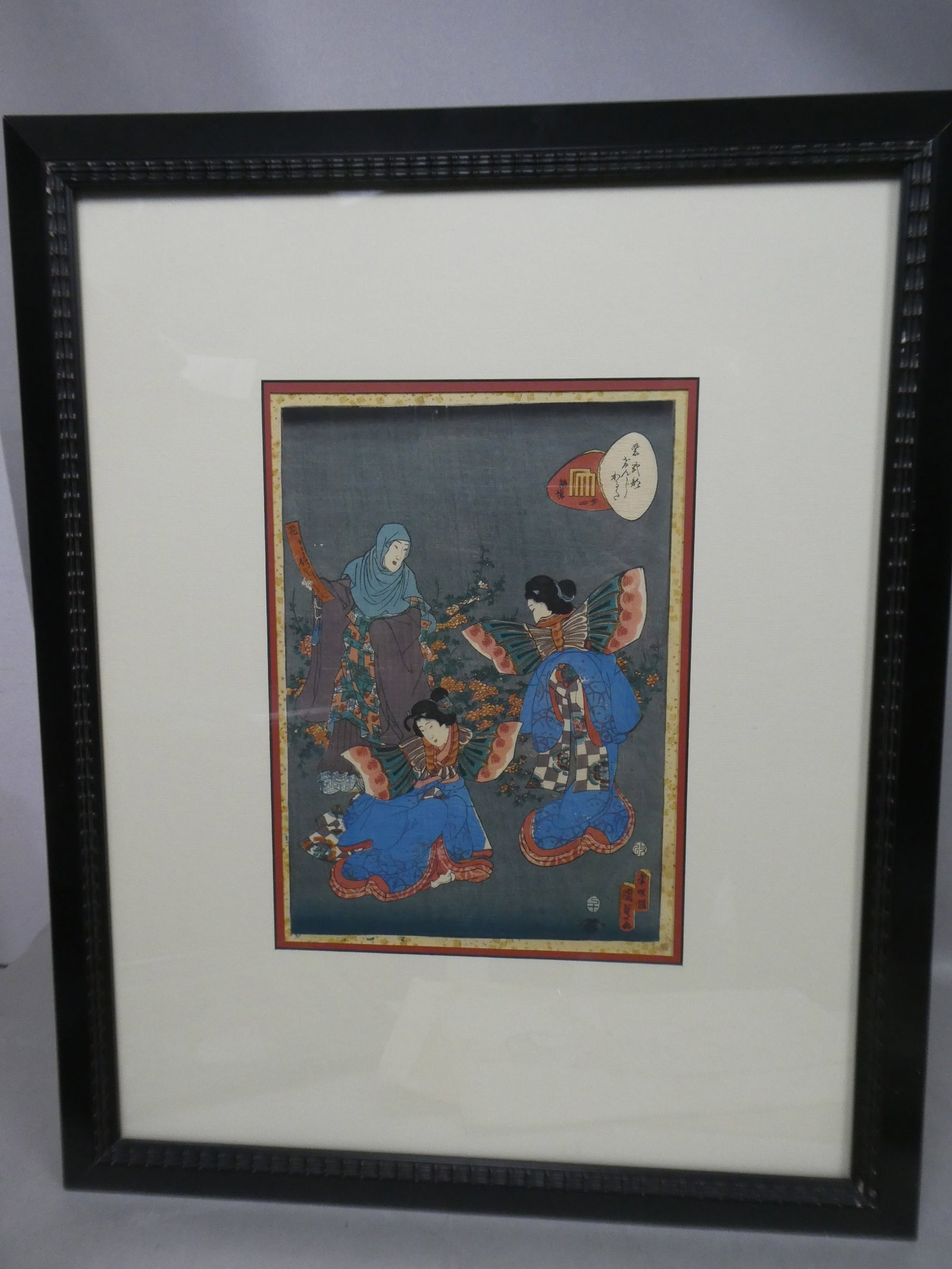 Original 19th Century Utagawa Kunisada II Japanese Woodblock Print No 23 Hatsune: Original 19th Century Utagawa Kunisada II Japanese Woodblock Print No 23 Hatsune. Lady Murasaki's Genji Cards Framed under glass. Measurements in inches: 22 x 27 1/2, image: 13 1/2 x 9 1/2 Condition:G