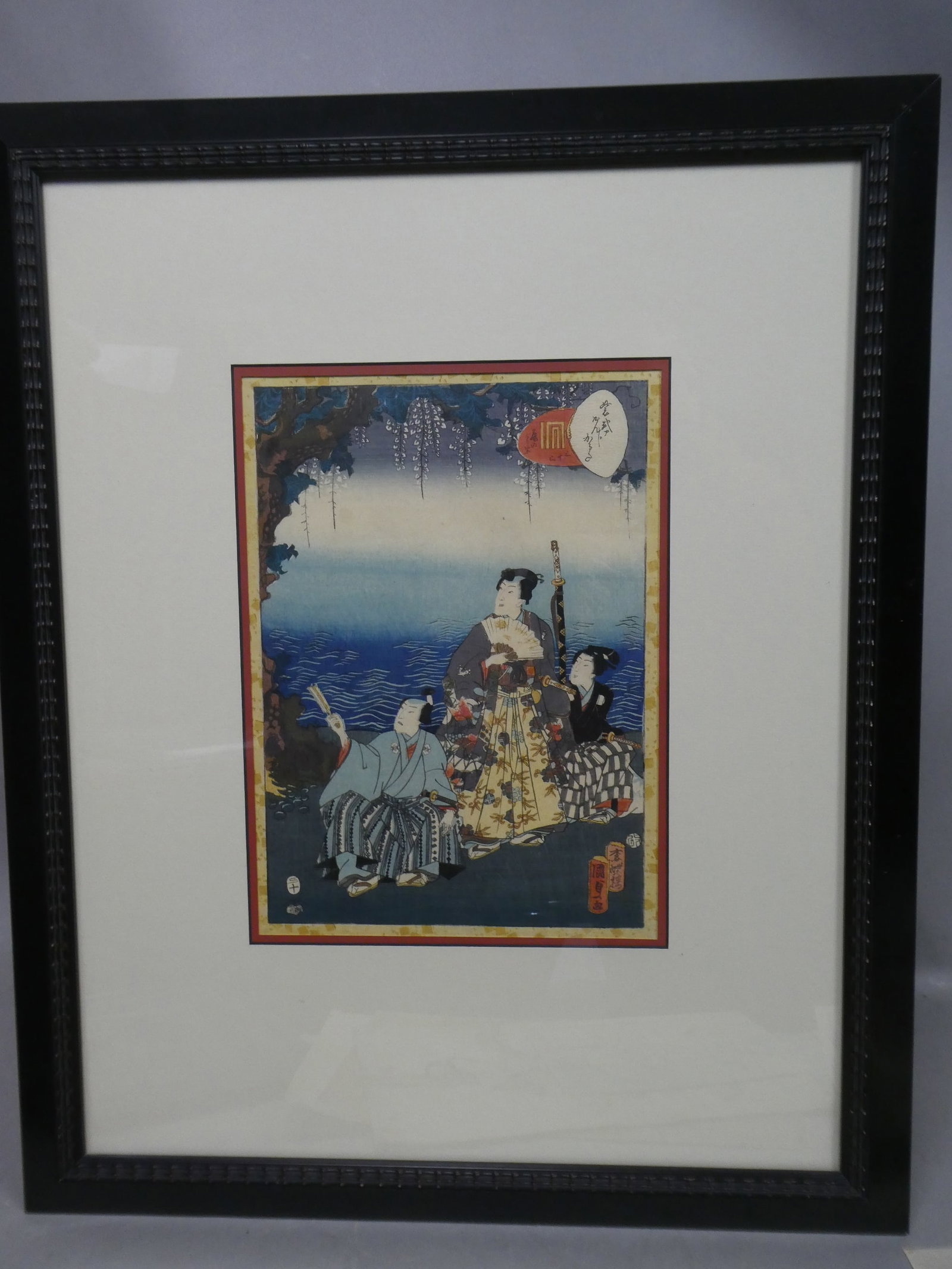 Original 19th Century Utagawa Kunisada II Japanese Woodblock Print No 33 no uraba: Original 19th Century Utagawa Kunisada II Japanese Woodblock Print No 33 no uraba. Lady Murasaki's Genji Cards Framed under glass. Measurements in inches: 22 x 27 1/2, image: 13 1/2 x 9 1/2 Condition: