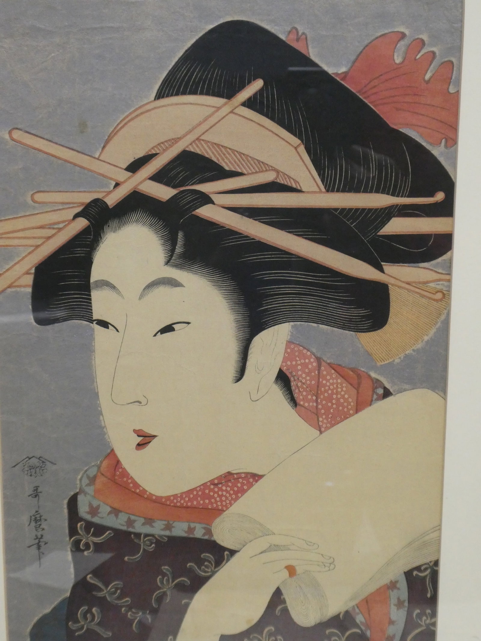 Repro Kitagawa Utamaro Japanese Woodblock Print A Matchless Beauty: Repro Kitagawa Utamaro Japanese Woodblock Print A Matchless Beauty. Guide to Contemporary Women Framed under glass. Measurements in inches: 25 x 14, image: 14 1/2 x 9 1/2 Condition:Has some foxing Shi