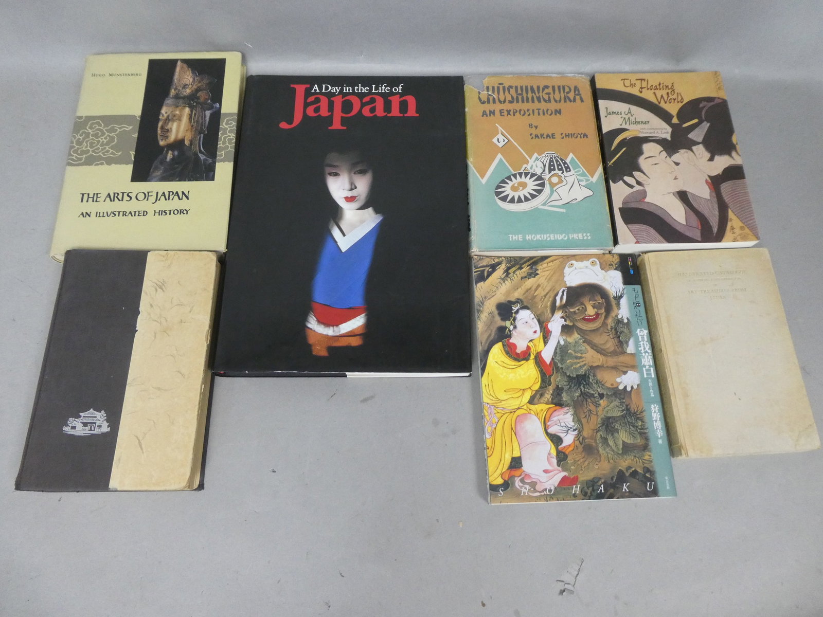 Lot 7 Vintage Book on Japan James Michener Shohaku etc: Lot 7 Vintage Book on Japan James Michener Shohaku etc . Including two Floating World by James Michiner, Shohaku, A Day I the Life of Japan, Chushingura and Exposition by Sakae Shioya, Art Treasuries 