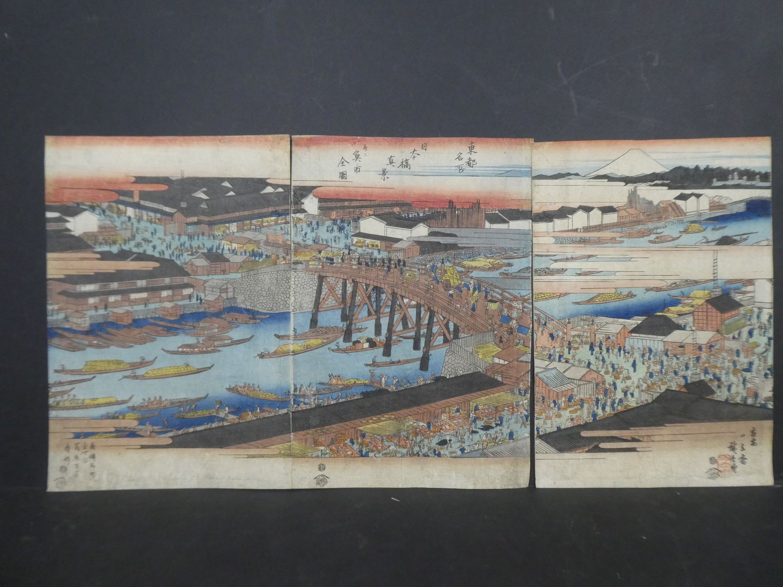 Original 19th Century Ando Hiroshige Japanese Woodblock Print Crossing Bridge Triptych (1 of 10)