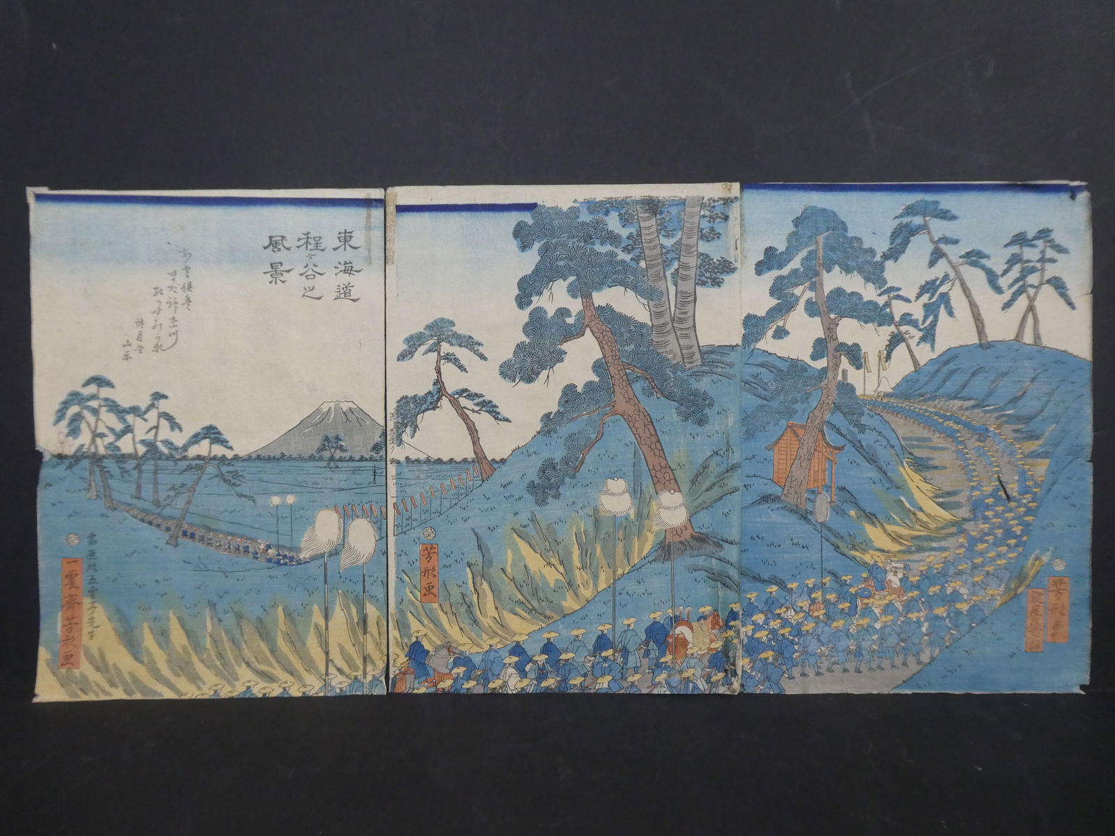 Original 19th Century Utagawa School Japanese Woodblock Print Marching Troops Triptych (1 of 11)