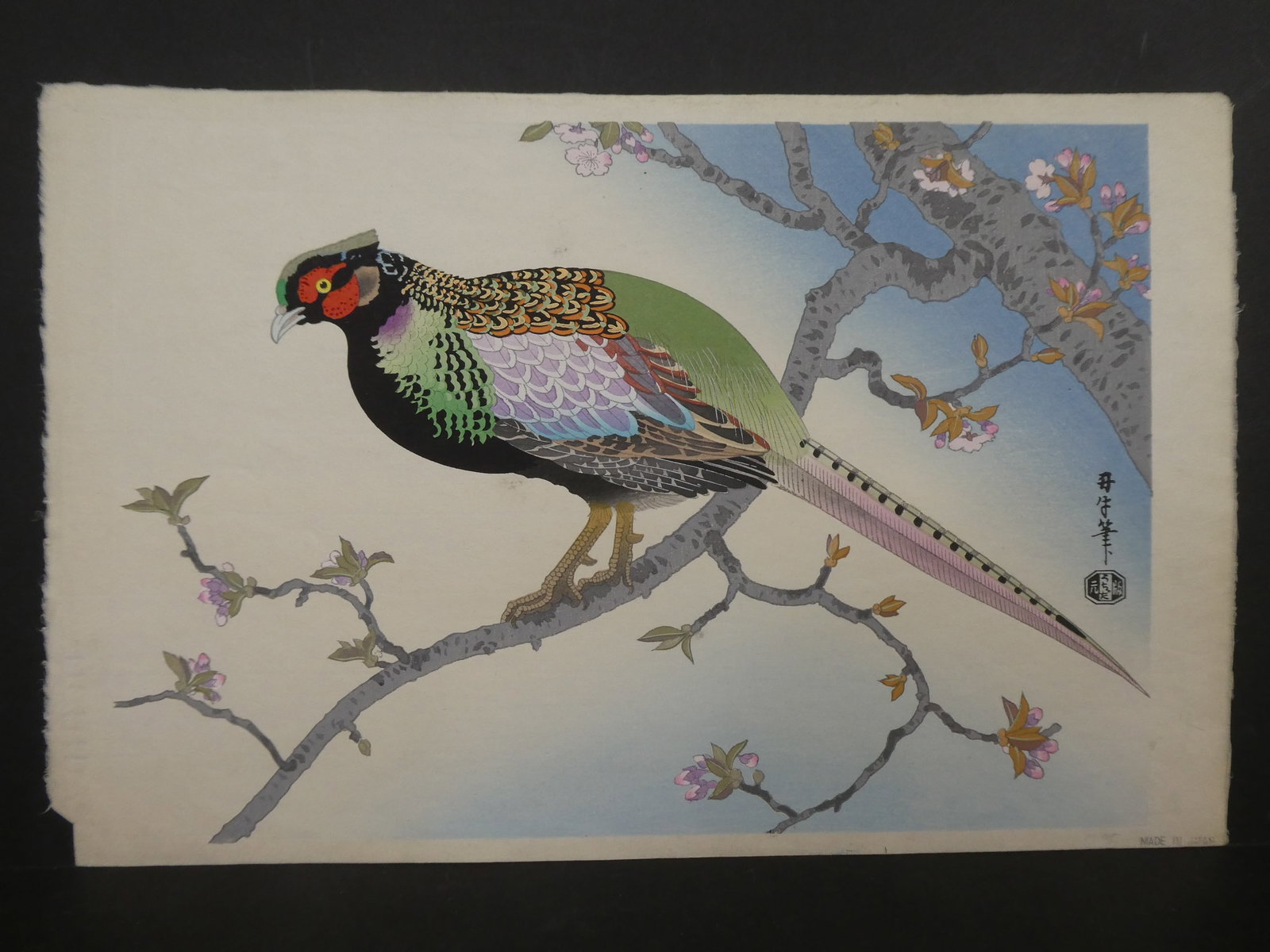 Vintage Benji Asada Japanese Woodblock Print Pheasant: Vintage Benji Asada Japanese Woodblock Print Pheasant. Unframed.. Measurements in inches: 17 3/4 x 11 3/4 Condition:Has mild toning Shipping:We offer in-house shipping. Item(s) will be packed after in