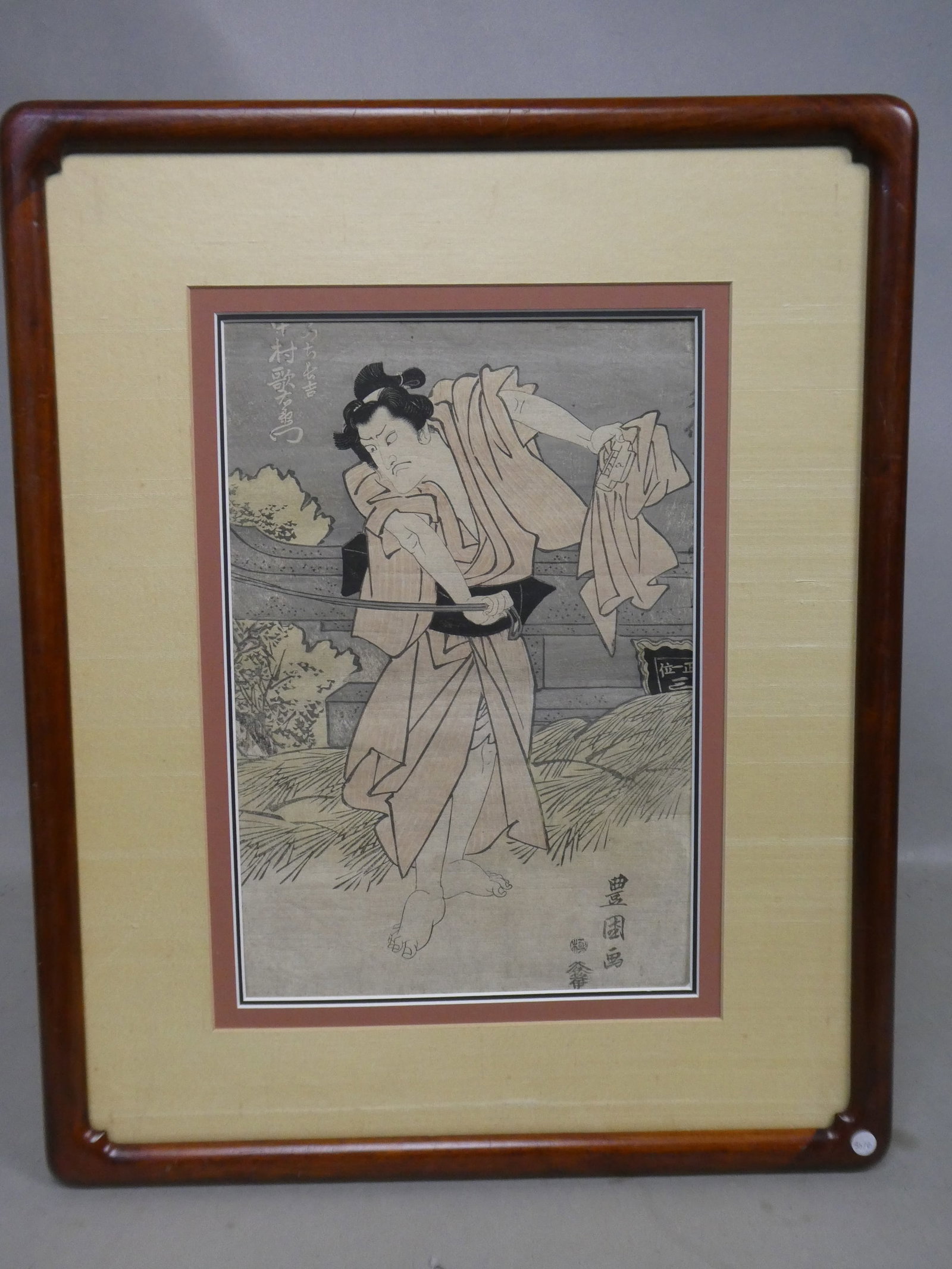 Original 19th Century Toyokuni Japanese Woodblock Print Man w/ Sword: Original 19th Century Toyokuni Japanese Woodblock Print Man w/ Sword. Framed under glass. Measurements in inches: 21 x 17, image: 13 x 8 3/4 Condition:No glass. Has soiling and fading Shipping:We offe