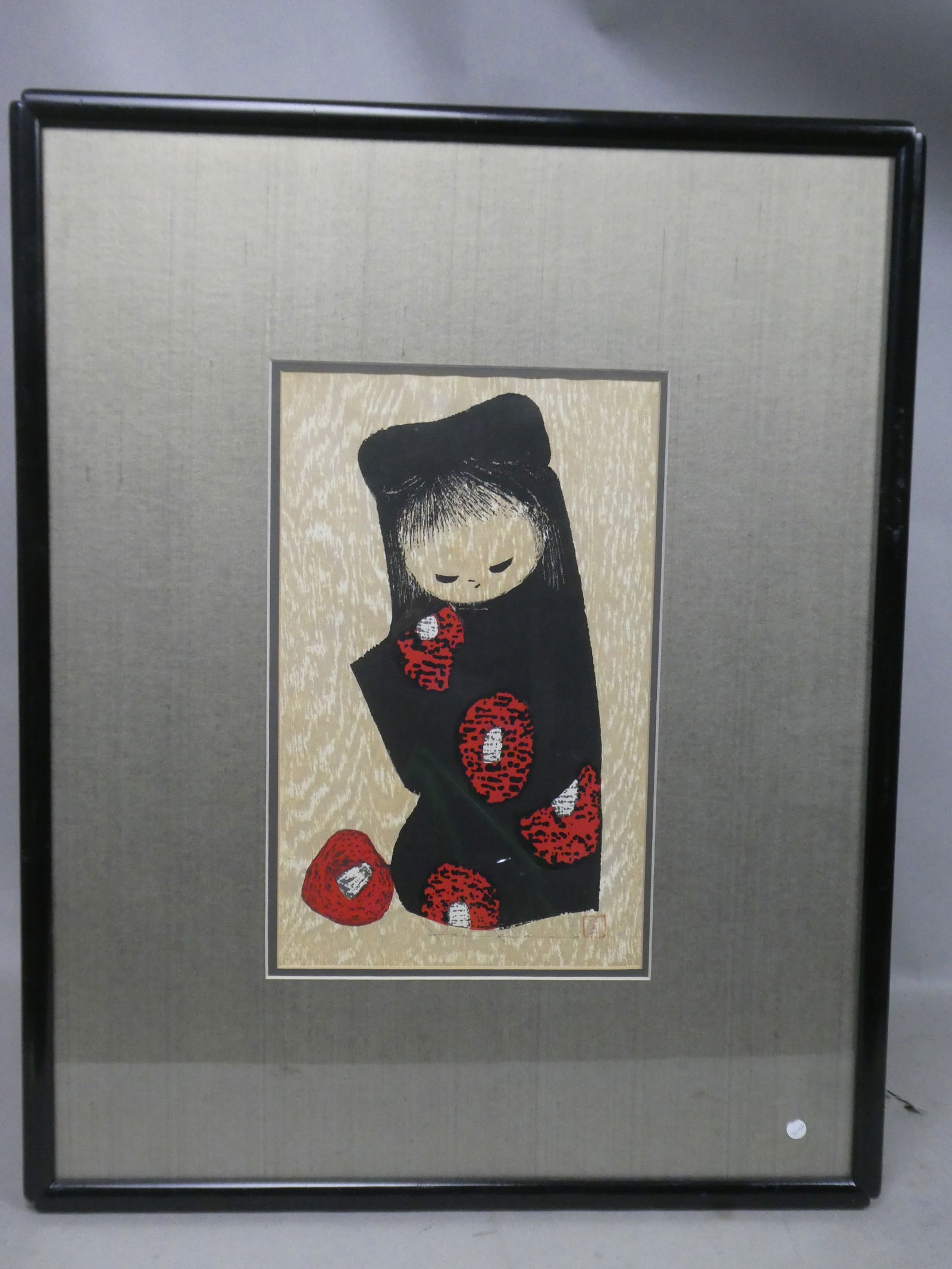 Mid-Century Kaoru Kawano Japanese Woodblock Print Girl & Red Camillias: Mid-Century Kaoru Kawano Japanese Woodblock Print Girl & Red Camillias. Framed under glass. Measurements in inches: 22 x 27, image: 14 1/2 x 9 Condition:Good with no problems Shipping:We offer in-hous