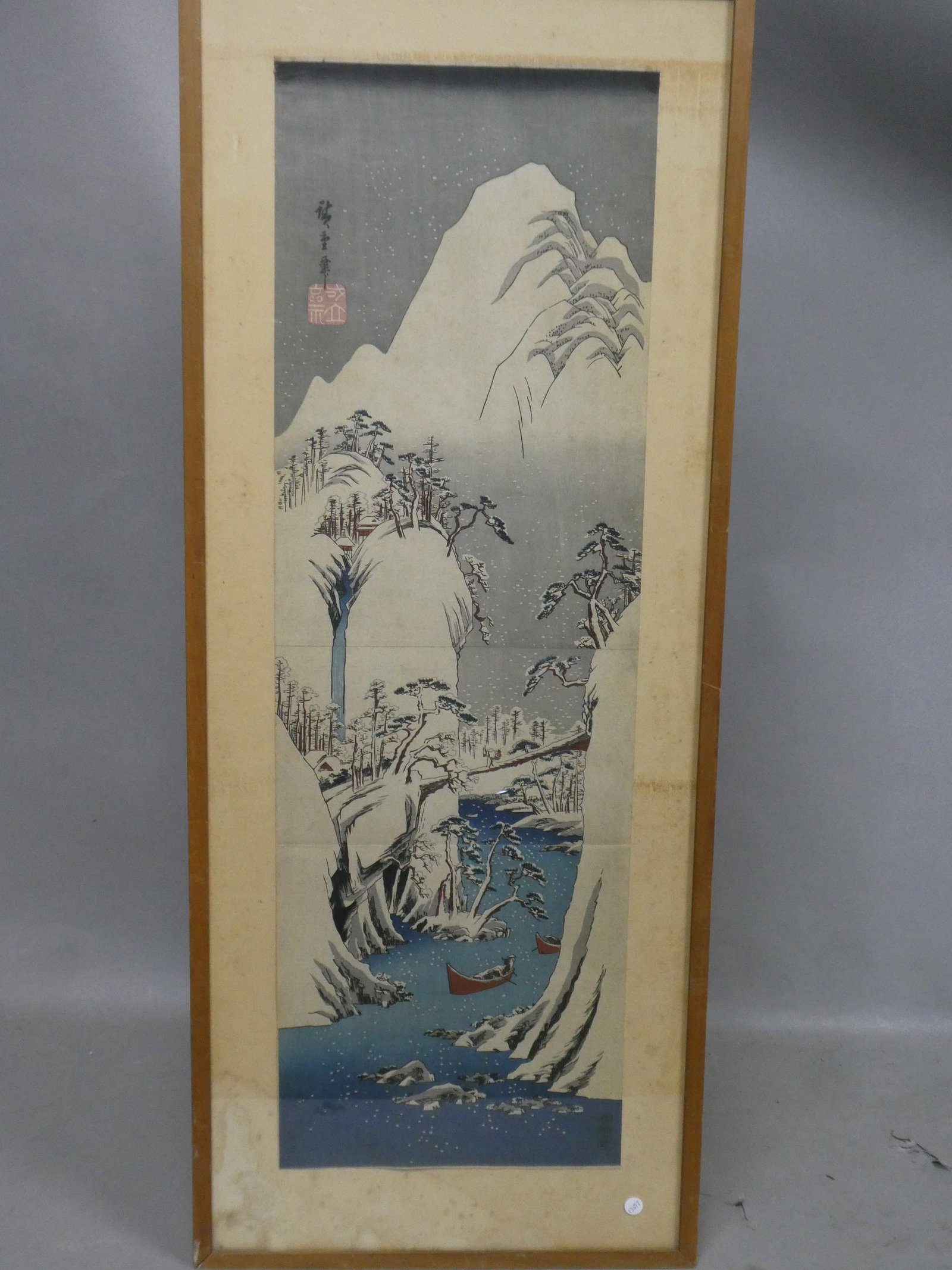 Original 19th Century Kitagawa Utamaro Japanese Woodblock Print The Snow Gorge: Original 19th Century Kitagawa Utamaro Japanese Woodblock Print The Snow Gorge. Framed under glass. Measurements in inches: 13 3/4 x 33 3/4, image: 28 x 9 Condition:Print has toning, matting is staine