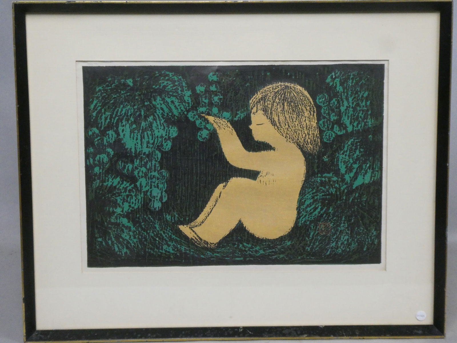 Mid-century Kaoru Kawano Japanese Woodblock Print Girl in Forest: Mid-century Kaoru Kawano Japanese Woodblock Print Girl in Forest. Framed under glass. Measurements in inches: 21 x 15 3/4, image: 15 x 10 Condition:Good with no problems Shipping:We offer in-house shi