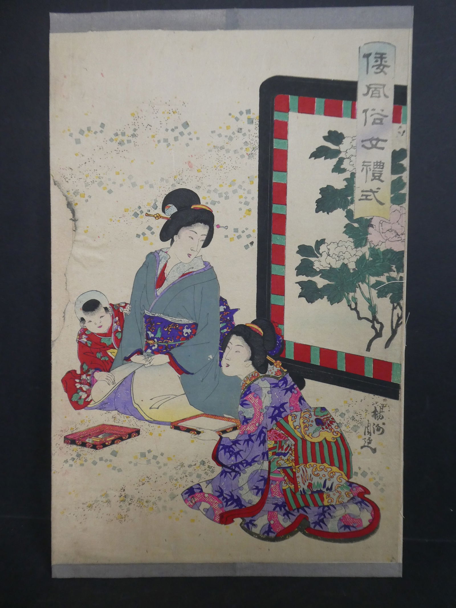 Original 19th Century Toyohara Chikanobu Japanese Woodblock Print Two Women & Child (1 of 8)