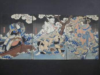 Original 19th Century Utagama Hirokazu Japanese Woodblock Print Kabuki Play Triptych