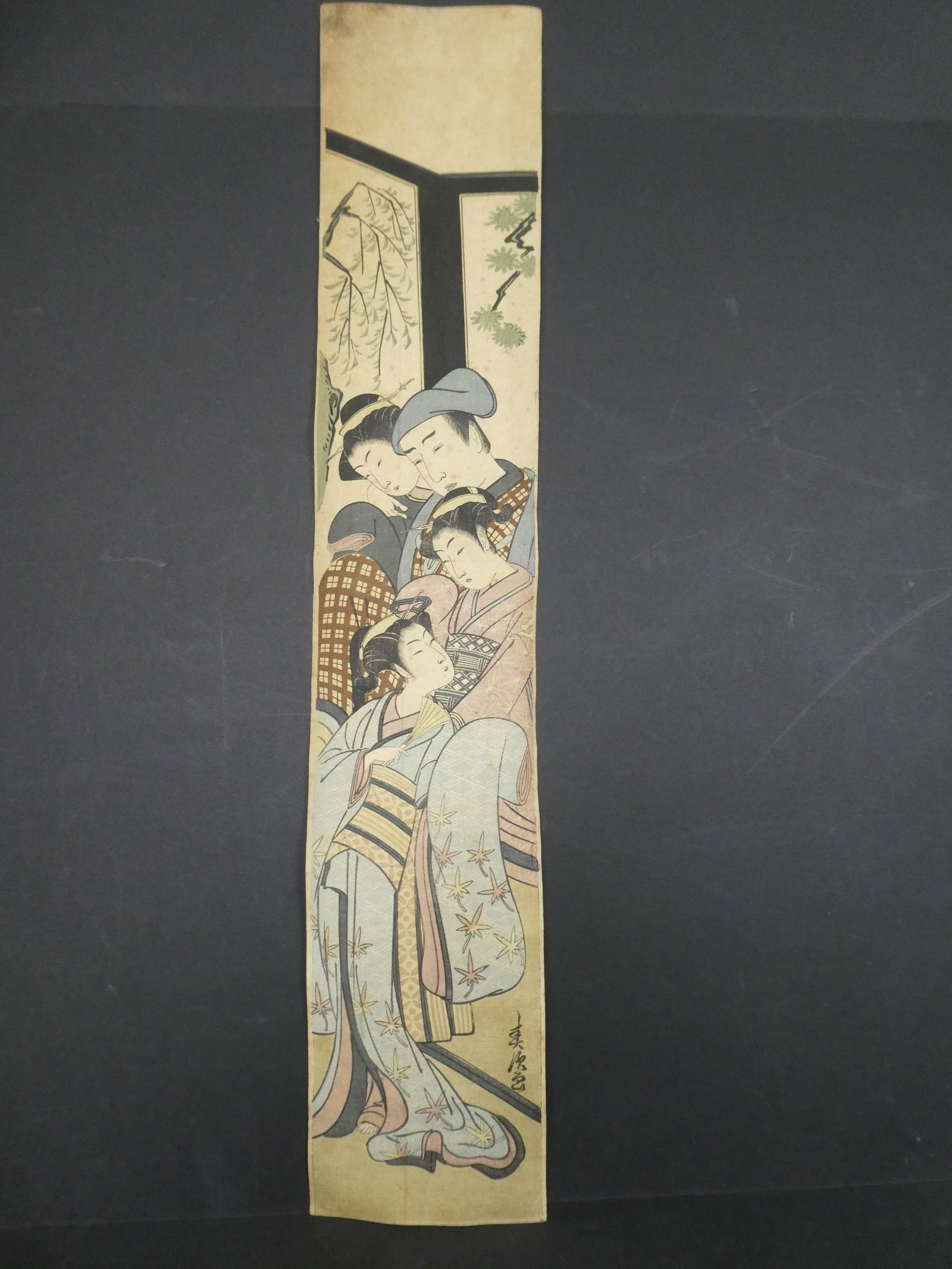 Original 19th Century Katsukawa Shuncho Japanese Woodblock Pillar Print Family: Original 19th Century Katsukawa Shuncho Japanese Woodblock Pillar Print Family. Unframed.. Measurements in inches: 27 x 5 Condition:Has toning, soiling fading and backing Shipping:We offer in-house sh