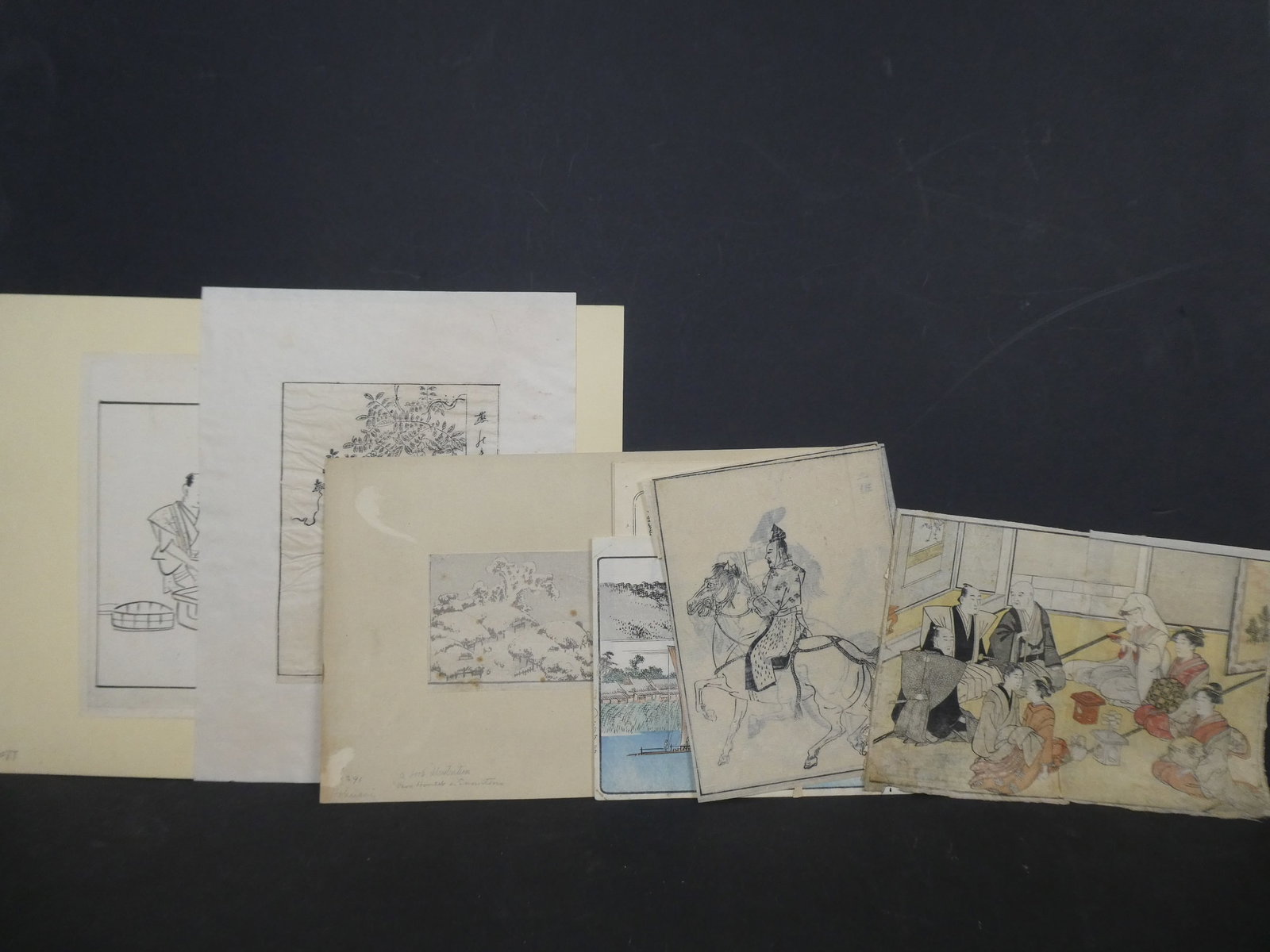Lot 11 Edo Period Bookplates Hokusai Shunsho Hiroshige Japanese Woodblock Prints: Lot 11 Edo Period Bookplates Hokusai Shunsho Hiroshige Japanese Woodblock Prints . Unframed.. Measurements in inches: 6 x 8 1/2 to 9 x 12 Condition:Has toning wear, wrinkles, glued on backing etc Ship