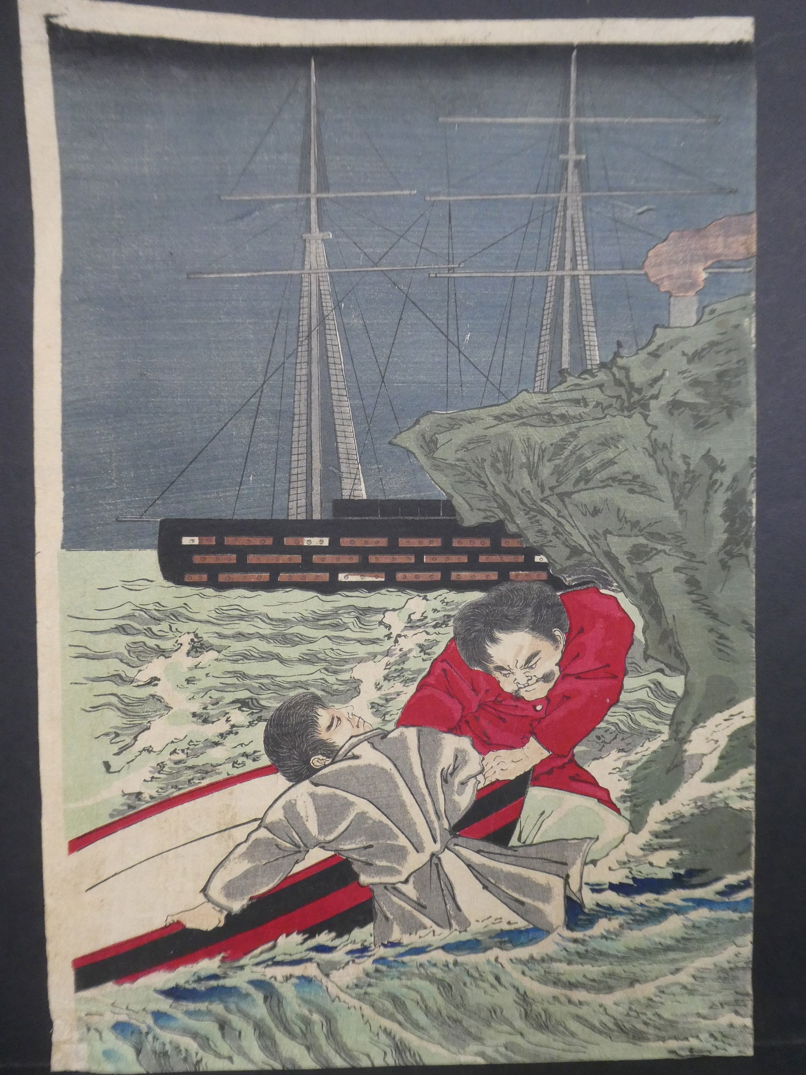 Original 19th Century  Unsigned Japanese Woodblock Print Trouble at Sea Diptych (1 of 10)