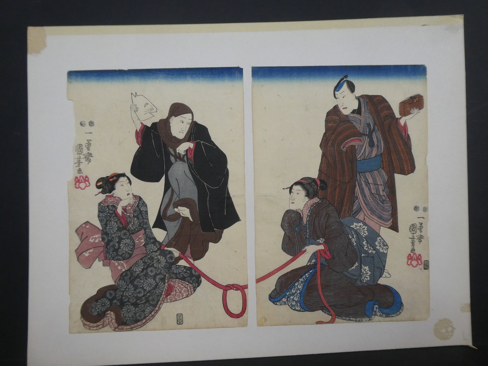 Original 19th Century Utagawa Kuniyoshi Japanese Woodblock Print Tying Rope Diptych: Original 19th Century Utagawa Kuniyoshi Japanese Woodblock Print Tying Rope Diptych. Unframed.. Measurements in inches: 9 1/2 x 14 Condition:Has soiling, trimming, tear on edges and tipped on board Sh