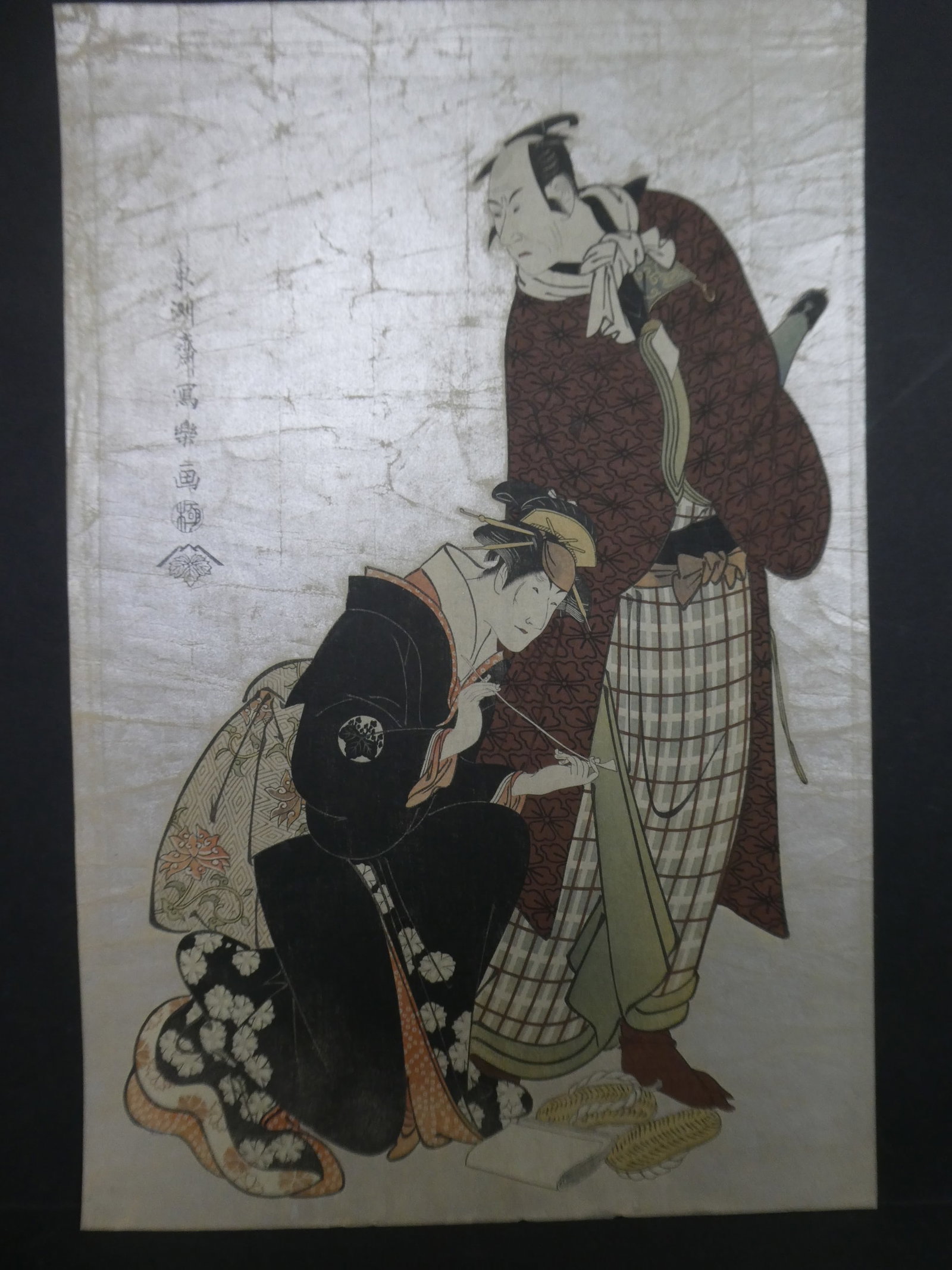 Repro Toshusai Sharaku Japanese Woodblock Print Man & Woman w/ Mica: Repro Toshusai Sharaku Japanese Woodblock Print Man & Woman w/ Mica. Unframed.. Measurements in inches: 10 1/2 x 15 1/2 Condition:Has wrinkles Shipping:We offer in-house shipping. Item(s) will be pack
