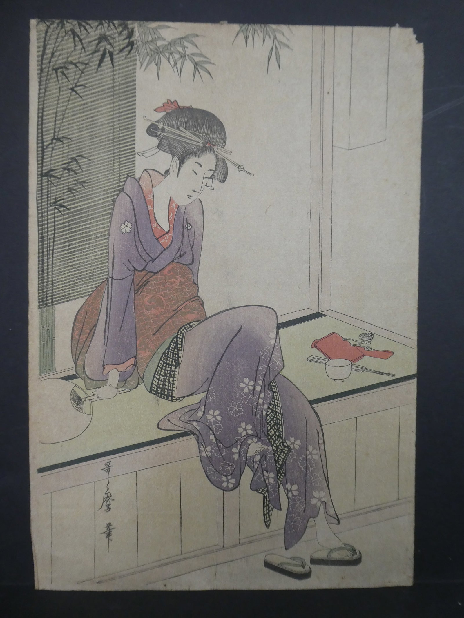 Repro Utamaro Japanese Woodblock Print Woman on Bench: Repro Utamaro Japanese Woodblock Print Woman on Bench. Unframed.. Measurements in inches: 10 1/2 x 15 Condition:Has toning, wear and tear on top right corner Shipping:We offer in-house shipping. Item(