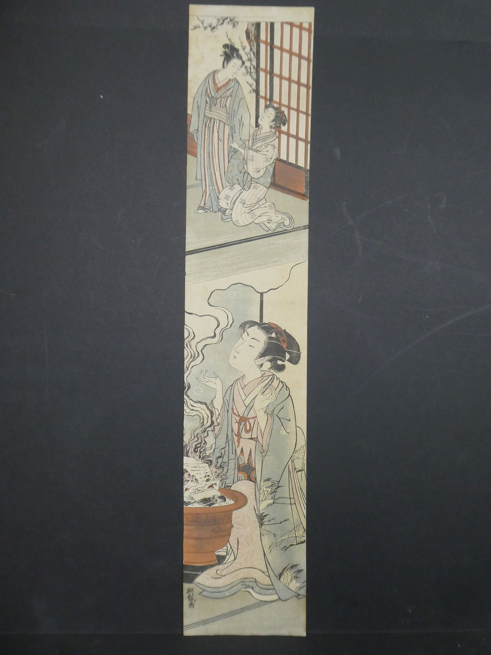 Repro Isoda Koryusai Japanese Woodblock Pillar Print Burning Story: Repro Isoda Koryusai Japanese Woodblock Pillar Print Burning Story. Unframed.. Measurements in inches: 5 x 25 Condition:Has toning and fading Shipping:We offer in-house shipping. Item(s) will be packe