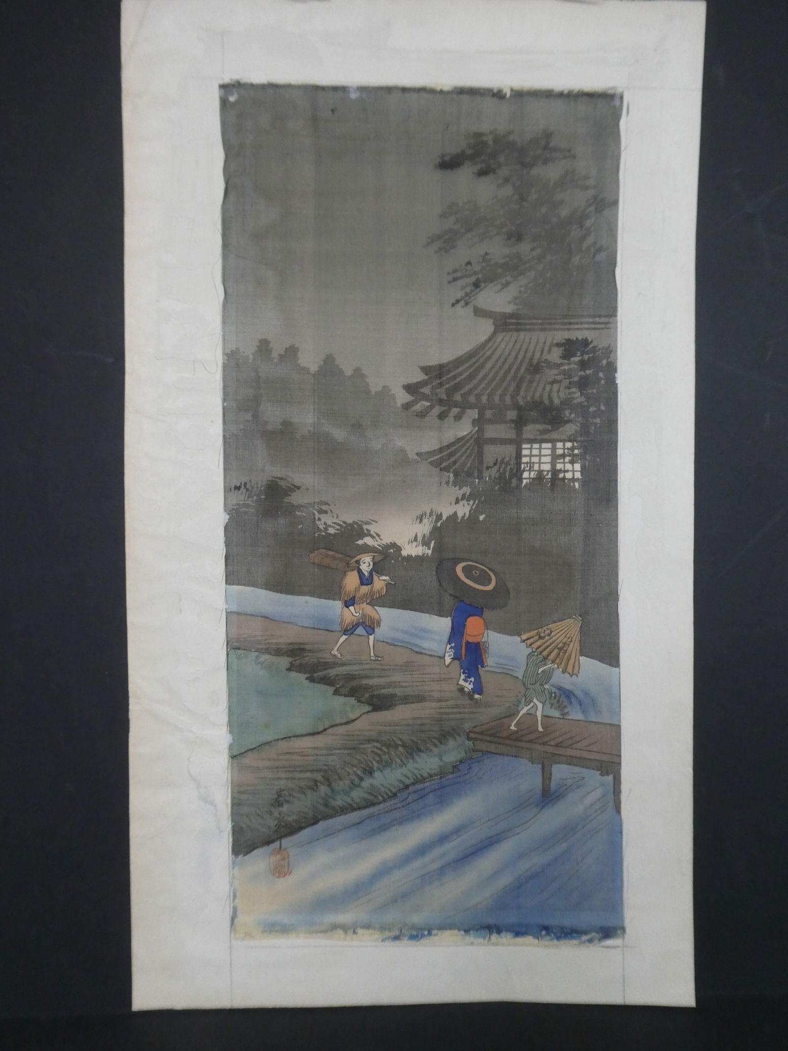 Vintage Painting of Silk Copy of Takahashi Hiroaki Woodblock Print: Vintage Painting of Silk Copy of Takahashi Hiroaki Woodblock Print. Unframed.. Measurements in inches: 8 x 18 Condition:Glued on paper, shows wear Shipping:We offer in-house shipping. Item(s) will be