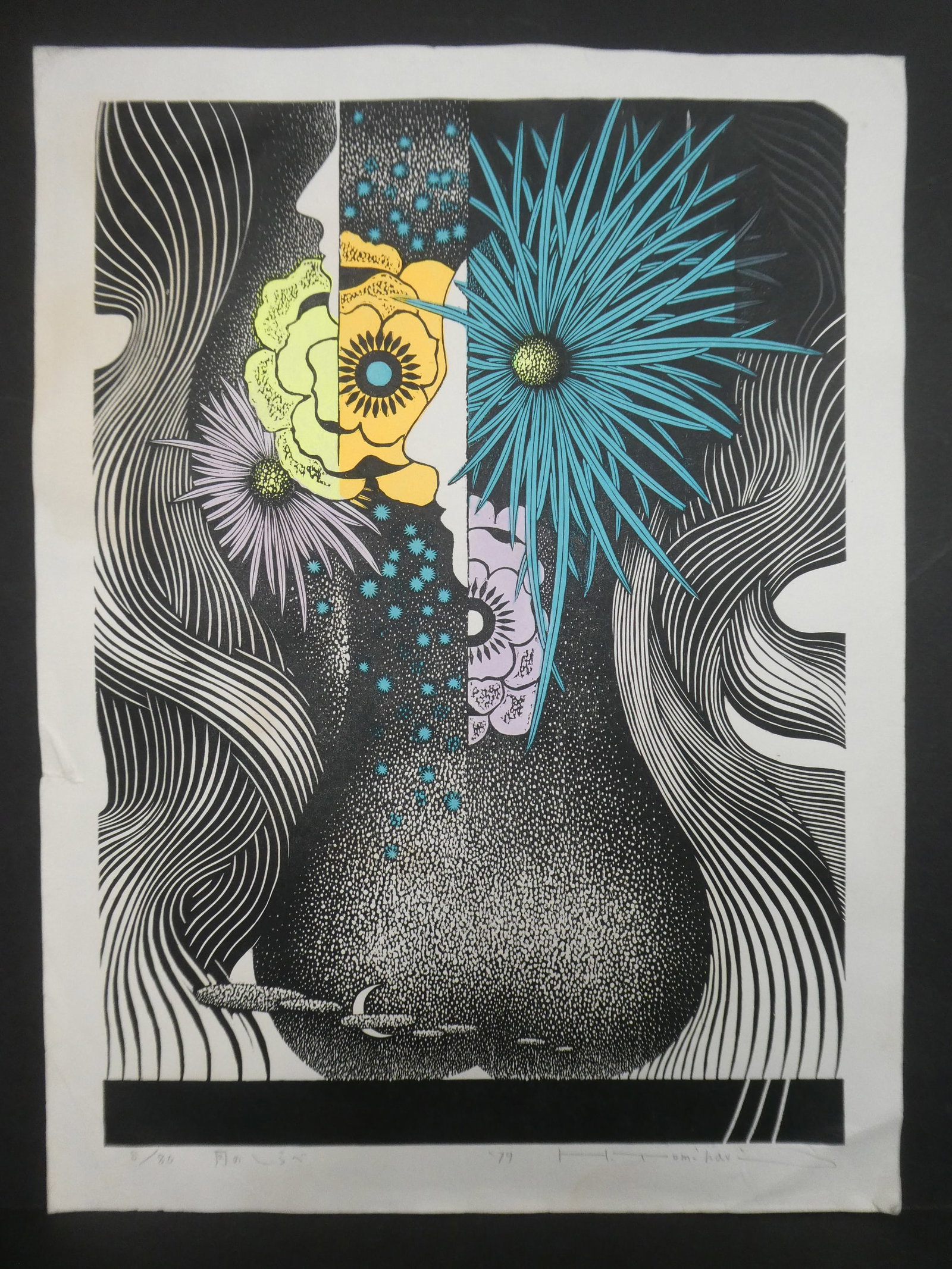 1979 H Tomihari Japanese Woodblock Print Starlight Flowers: 1979 H Tomihari Japanese Woodblock Print Starlight Flowers. Pencil signed, dated and numbered 8/80 Unframed.. Measurements in inches: 14 1/2 x 20 Condition:Has some wrinkles Shipping:We offer in-house