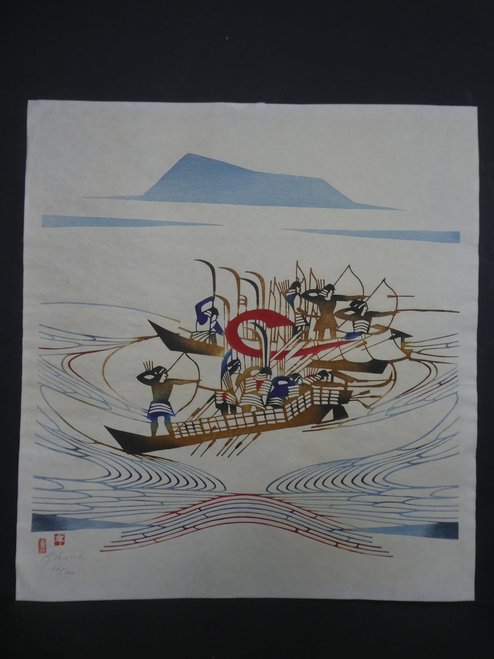 Vintage Mikumo Japanese Woodblock Print Bow Hunters in Boat 42/300: Vintage Mikumo Japanese Woodblock Print Bow Hunters in Boat 42/300. Unframed.. Measurements in inches: 17 1/2 x 19 Condition:Good with no problems Shipping:We offer in-house shipping. Item(s) will be 