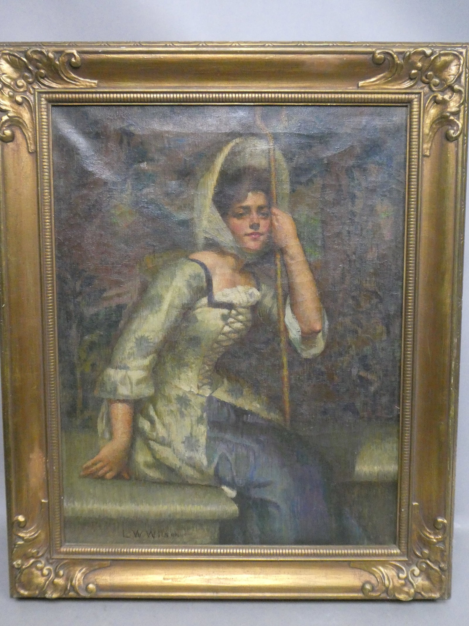 Vintage LW Wilson Little Bo Peep Oil Painting: Vintage LW Wilson Little Bo Peep Oil Painting on canvas in frame. Signed lower left. Measurements in inches: 28 1/2 x 24, image: 22 x 17 1/2 Condition:Has craquelure, stretcher marks and small tear up