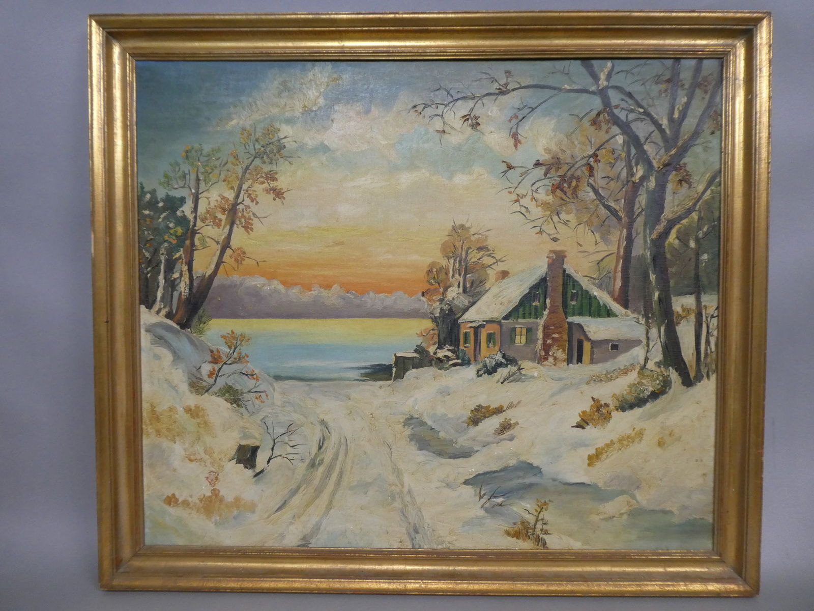 Unsigned  Snow Winter Cabin on Lake Oil Painting (1 of 13)