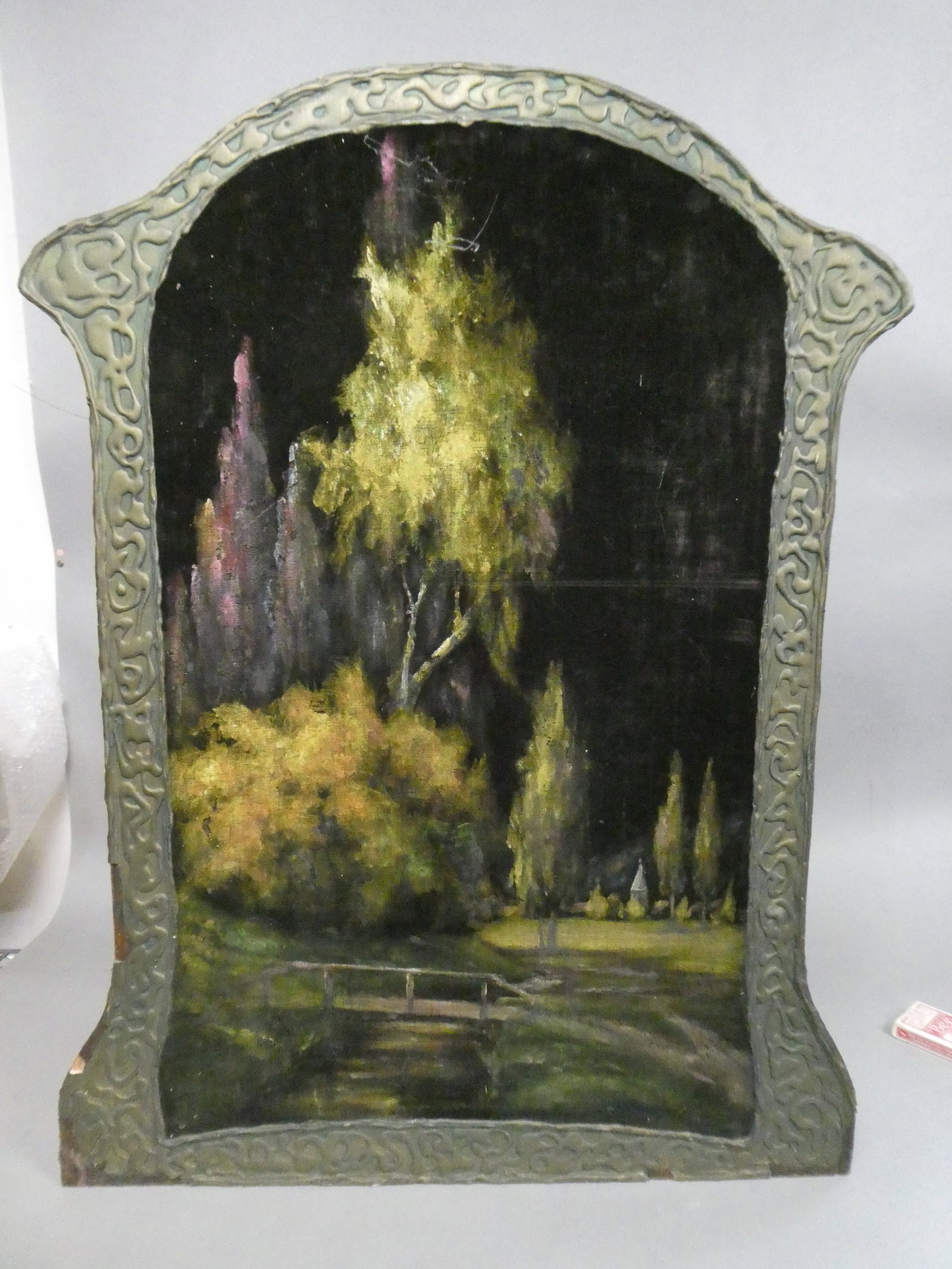 Unsigned Pastel Paint9ing on Silk in Unique Art Nouveau Frame: Unsigned Pastel Painting on Silk in Unique Art Nouveau Frame. Measurements in inches: 27 x 36, image: 31 x 20 Condition:Needs cleaning and frame has some chipping and damage Shipping:We offer in-house