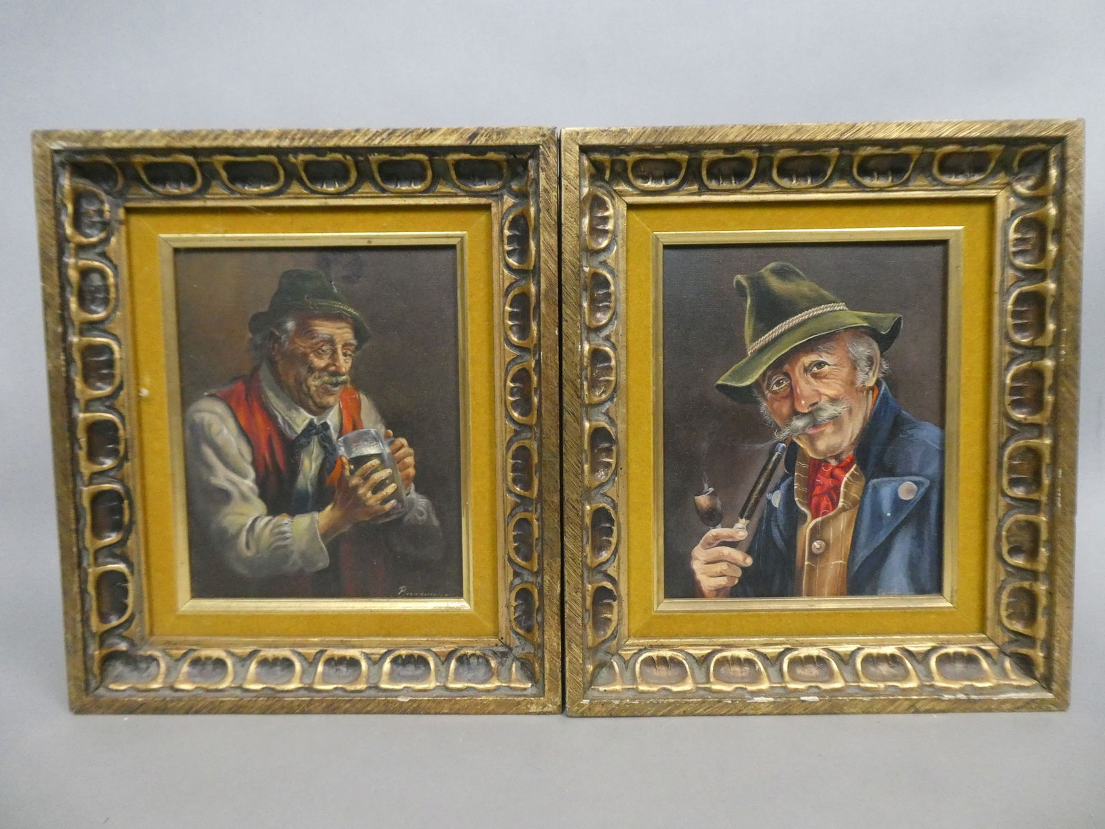 Pair Signed German Men Drinking Beer & Smoking Pie Oil Paintings (1 of 11)