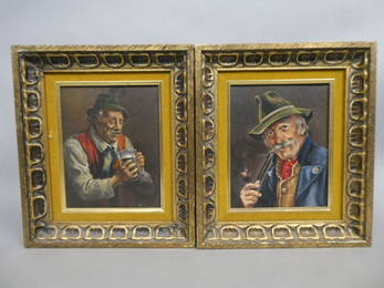 Pair Signed German Men Drinking Beer & Smoking Pie Oil Paintings