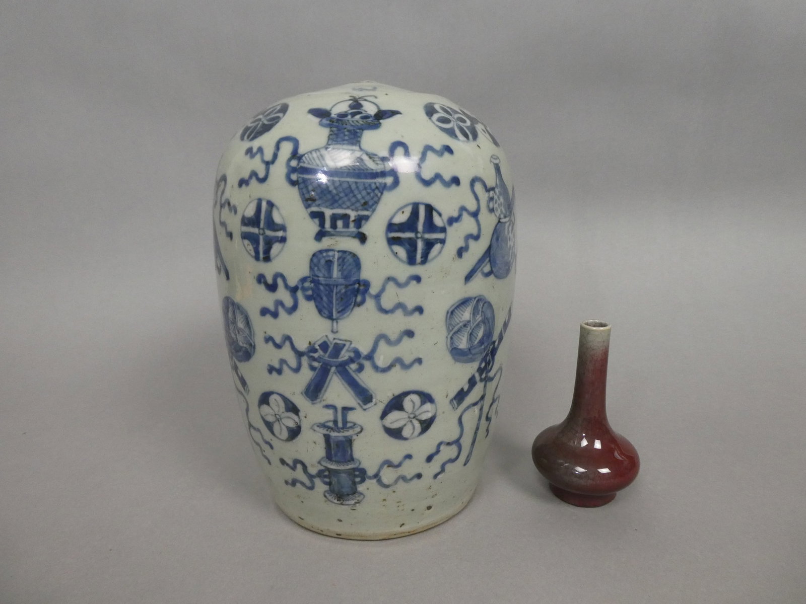 Antique Chinese Celadon & Blue Jar & Burgundy Art Pottery Bud Vase (1 of 11)