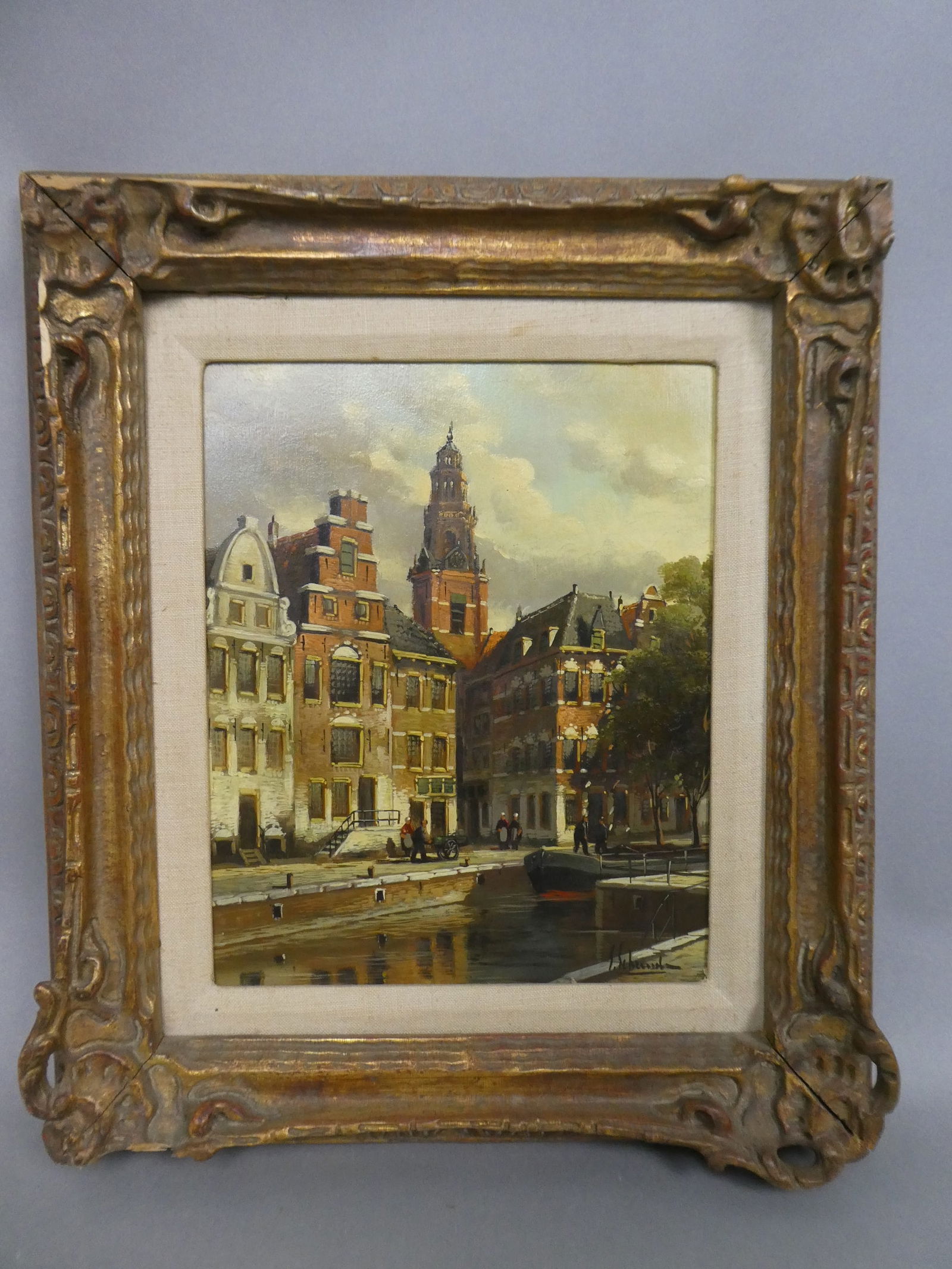 Signed S Sebastian Dutch Canal City Scene Oil Painting (1 of 12)