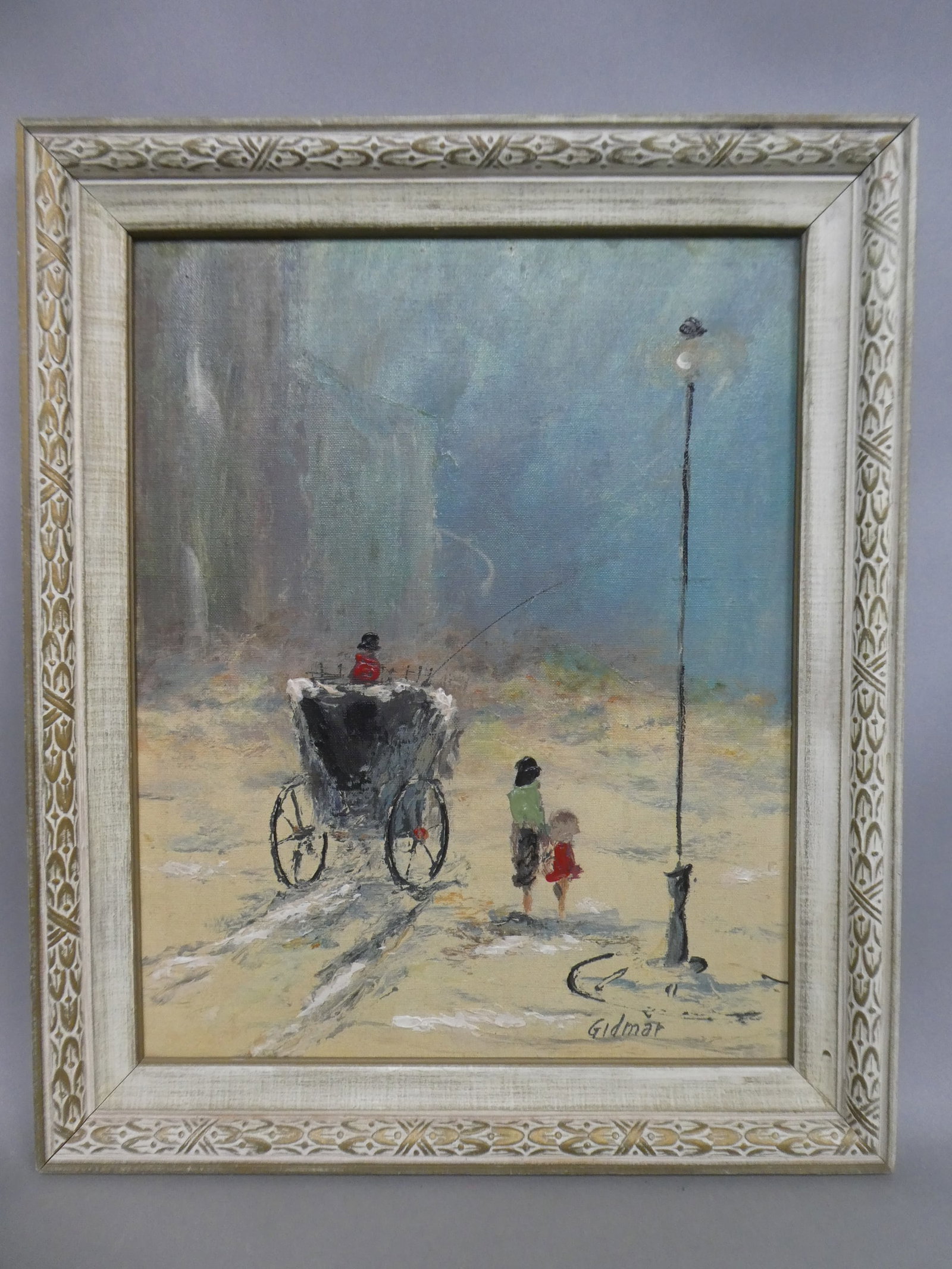 Signed Gidmar Victorian London Carriage Impressionist Oil Painting: Signed Gidmar Victorian London Carriage Impressionist Oil Painting on canvas in frame. Signed lower right. Measurements in inches: 20 x 24, image: 15 1/2 x 19 1/2 Condition:Good with no problems Shipp