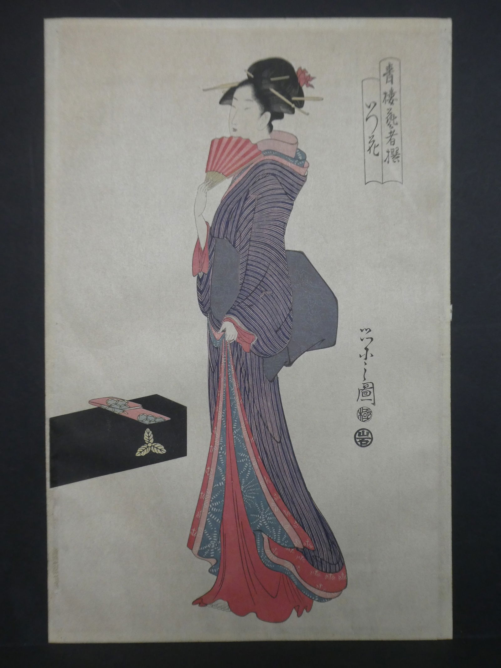 Repro Hosoda Eishi Japanese Woodblock Print Woman w/ Fan: Repro Hosoda Eishi Japanese Woodblock Print Woman w/ Fan. Unframed.. Measurements in inches: 10 x 15 1/2 Condition:Has toning and tape residue on reverse Shipping:We offer in-house shipping. Item(s) w