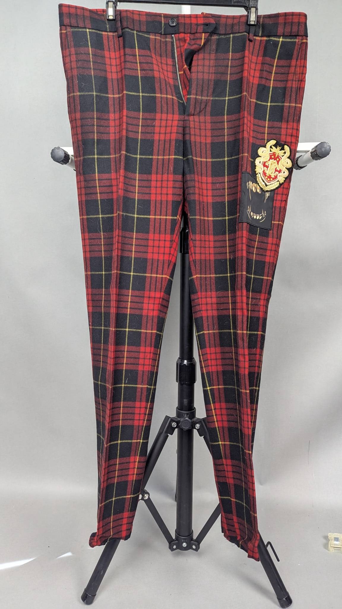 Roberto Cavalli Red Tartan Wool Pants with Embroidered Patch (1 of 7)