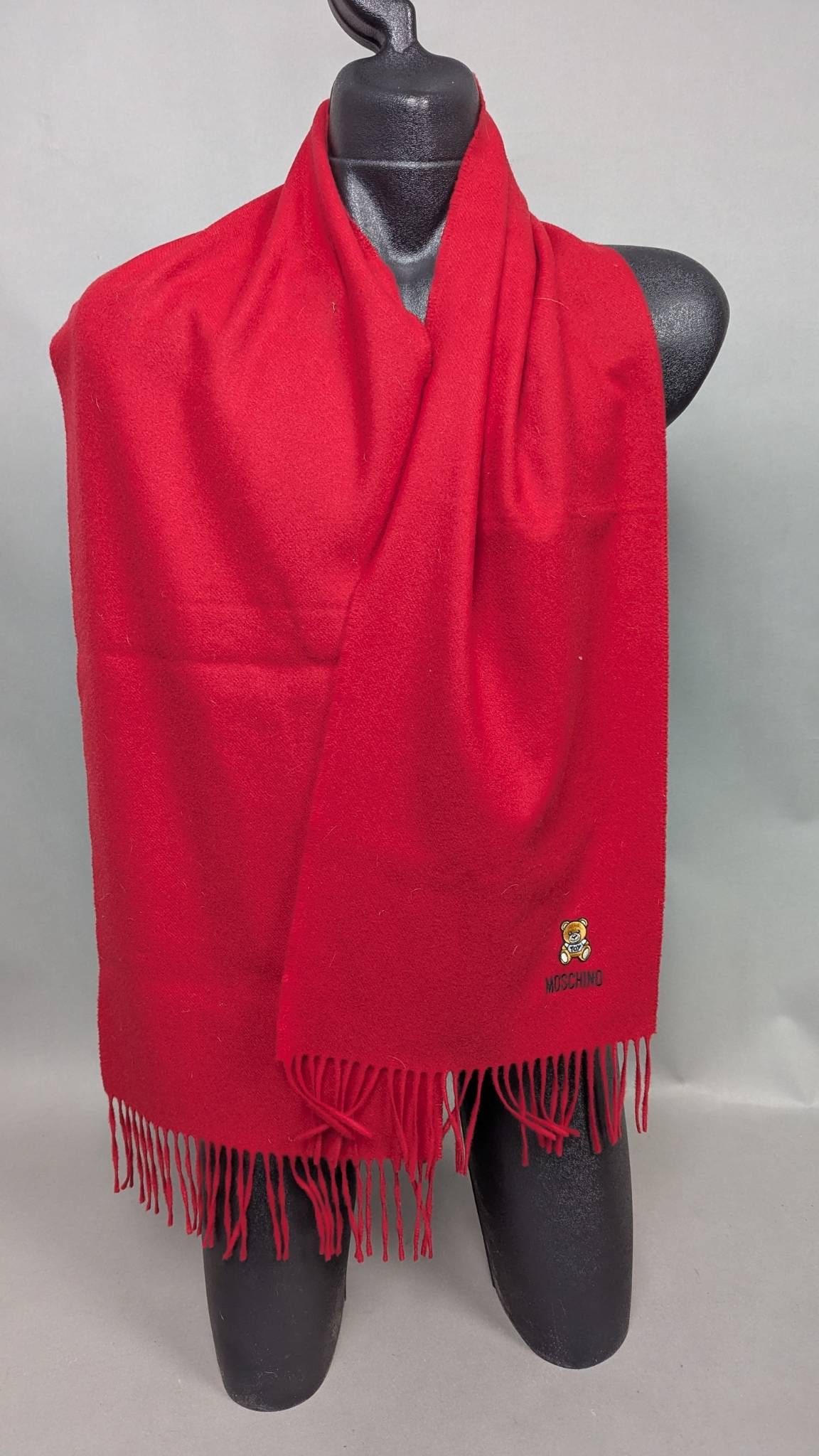 Red Moschino Merino Wool Scarf With Teddy Bear Logo (1 of 5)