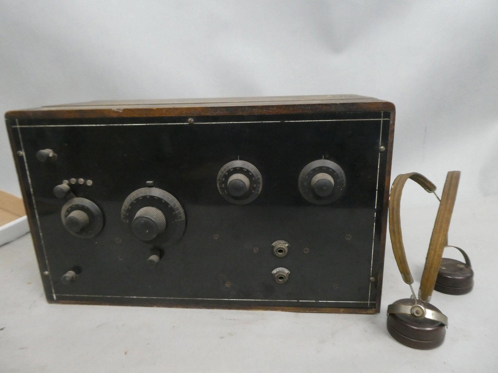 Antique c1920 Homemade Shortwave Radio Receiver Transmitter w/ Airline Special Headset: Antique c1920 Homemade Shortwave Radio Receiver Transmitter w/ Airline Special Headset. Measurements in inches: 10 high x 17 x 8 Condition:Fresh Wisconsin farmhouse fine. Needs a deep cleaning. Has no