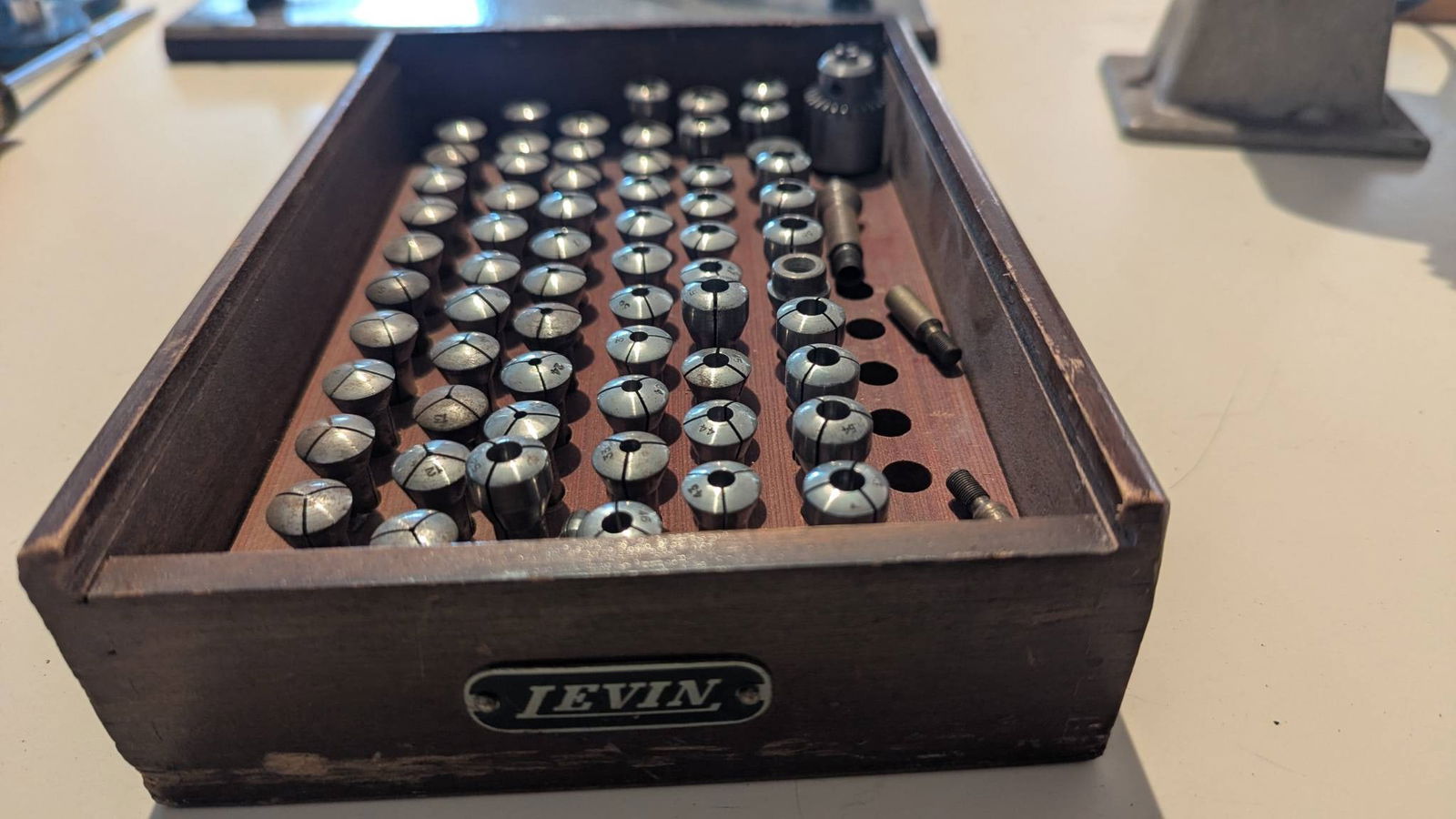 Levin Peerless Watchmaker Jewelry Lathe 8mm Collet Set in Wood Box 60 pcs (1 of 6)