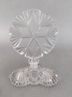 Czech Cut Glass Perfume Bottle with Fan Stopper from Art Deco Era: This item is a Czech cut glass perfume bottle, likely manufactured during the Art Deco period from the 1920s to 1940s. Crafted from clear, pressed-cut crystal or glass, the piece features a fan or fea