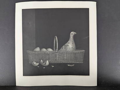 Nobuo Satoh Mexican Pigeon Japanese Etching Signed and Numbered 1972: Etching titled Mexican Pigeon by Nobuo Satoh (1926-2005), created in 1972. This work is number 22 out of an edition of 75 and is signed and dated by the artist in the lower margin. The composition fea