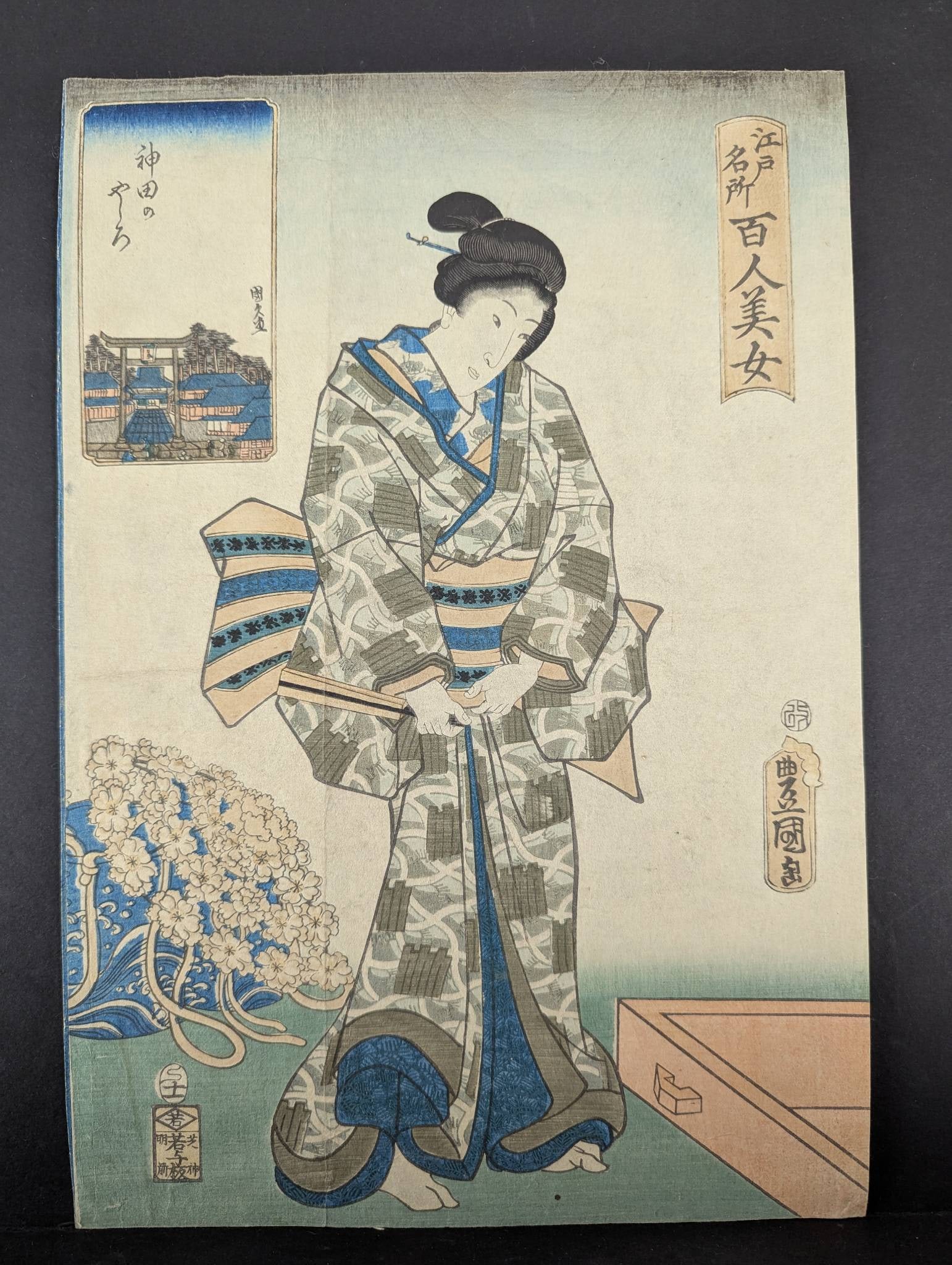 Ukiyo-e Japanese Woodblock Print by Utagawa Toyokuni III from One Hundred Beauties: Japanese Ukiyo-e woodblock print titled One Hundred Beauties of Noted Places by Utagawa Toyokuni III (also known as Kunisada), part of a series depicting beautiful women in various locations in Edo (p