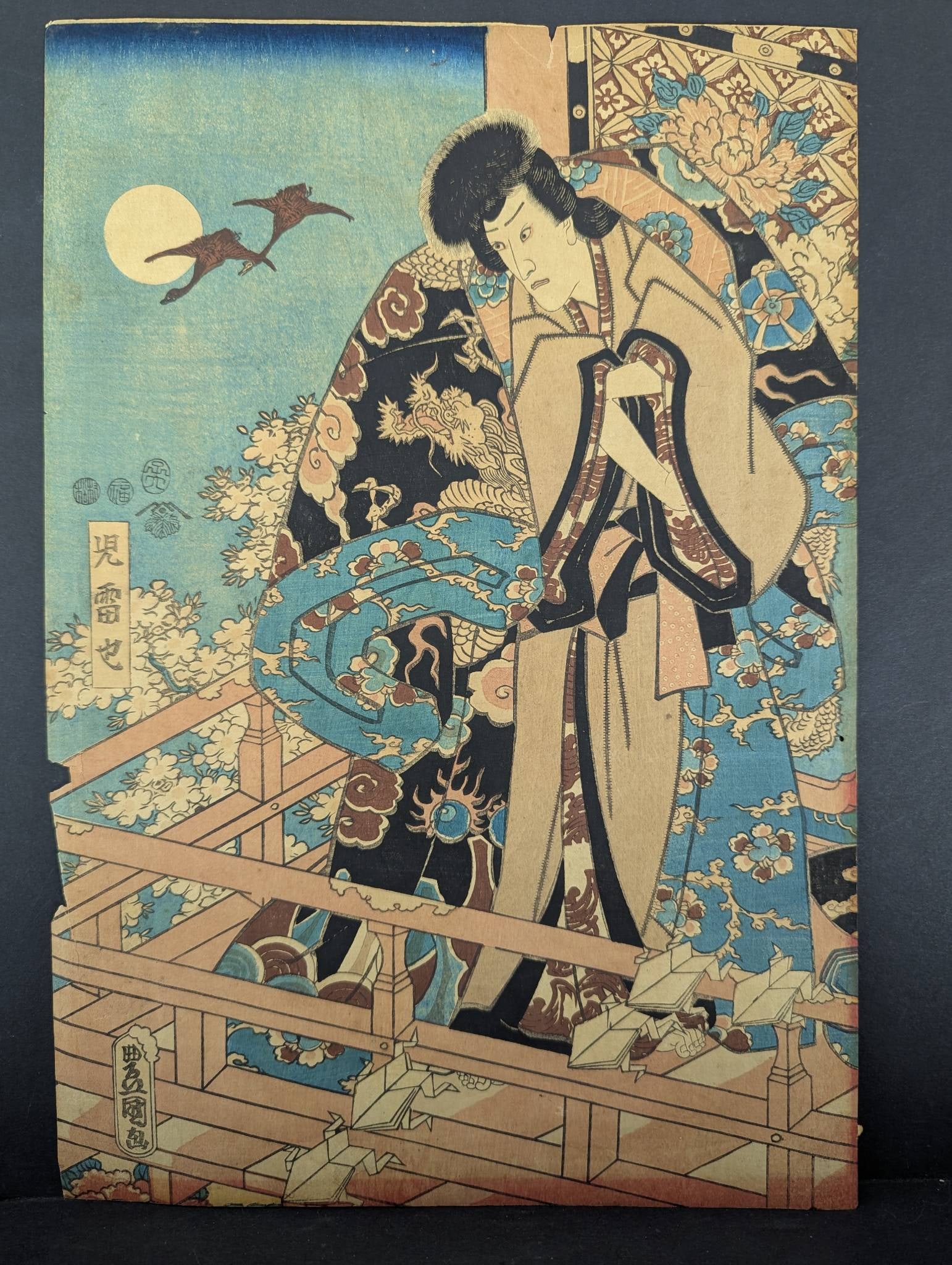 Japanese Woodblock Print Figure on Balcony by Toyokuni-ga (1 of 10)