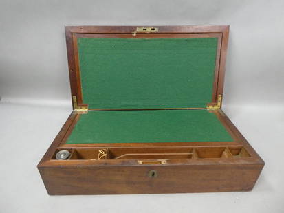 Antique Mahogany Wood & Brass Portable Lap Desk: Antique Mahogany Wood & Brass Portable Lap Desk with green felt. 7 high x 22 wide x 11 1/2 deep. Has a chip on edge of top of veneer, no key Shipping: Local pick-up or buyer-arranged welcome. In-house
