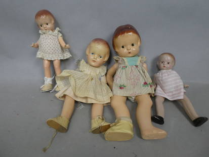 Lot 4 Pasty Composition Dolls Effanbee Affanbee etc: Lot 4 Pasty Composition Dolls Effanbee Affanbee etc. 9 to 14 high. Normal wear with age and use Shipping: Local pick-up or buyer-arranged welcome. In-house shipping is available. **NOTE** For Live Auc