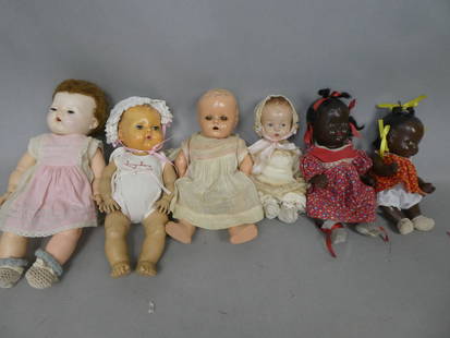 Lot 6 Antique Hard Plastic & Composition Assorted Baby Dolls: Lot 6 Antique Hard Plastic & Composition Assorted Baby Dolls. 9 to 13 high. Normal wear with age and use with some surface cracking Shipping: Local pick-up or buyer-arranged welcome. In-house shipping